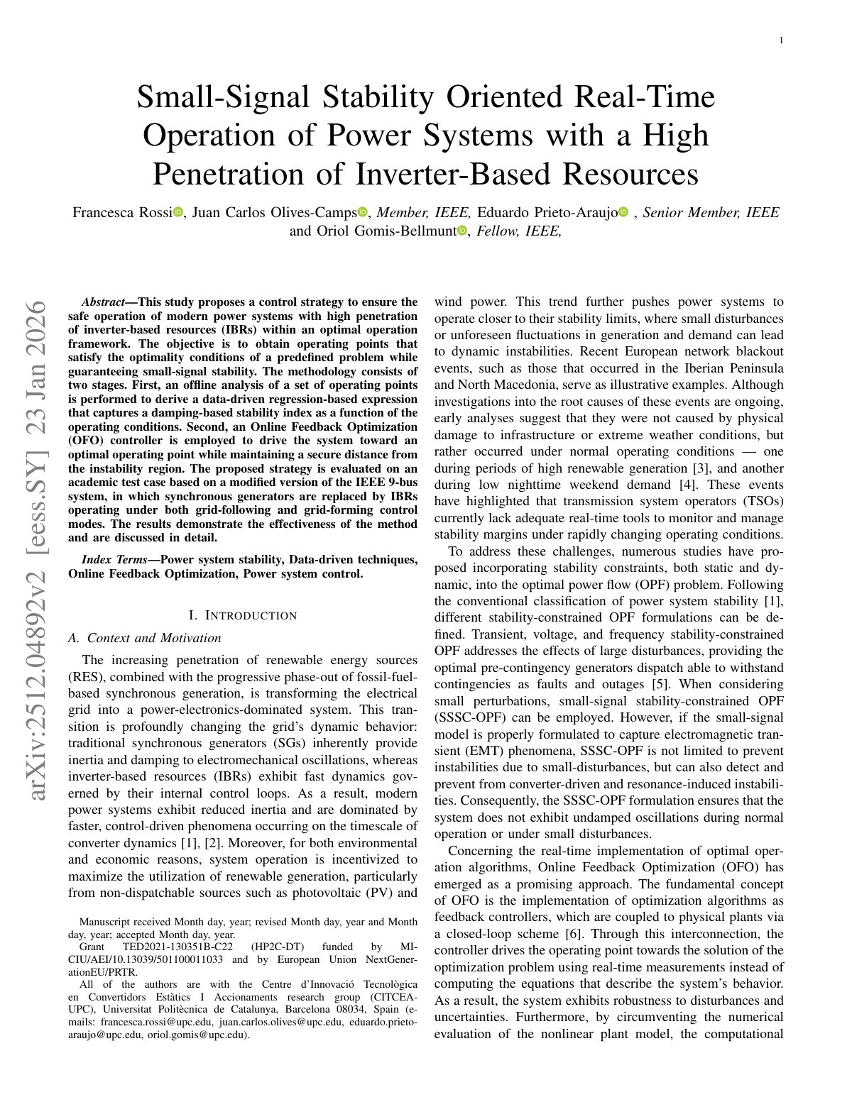 First page of 2025 Rossi Small Signal Stability Real Time Operation