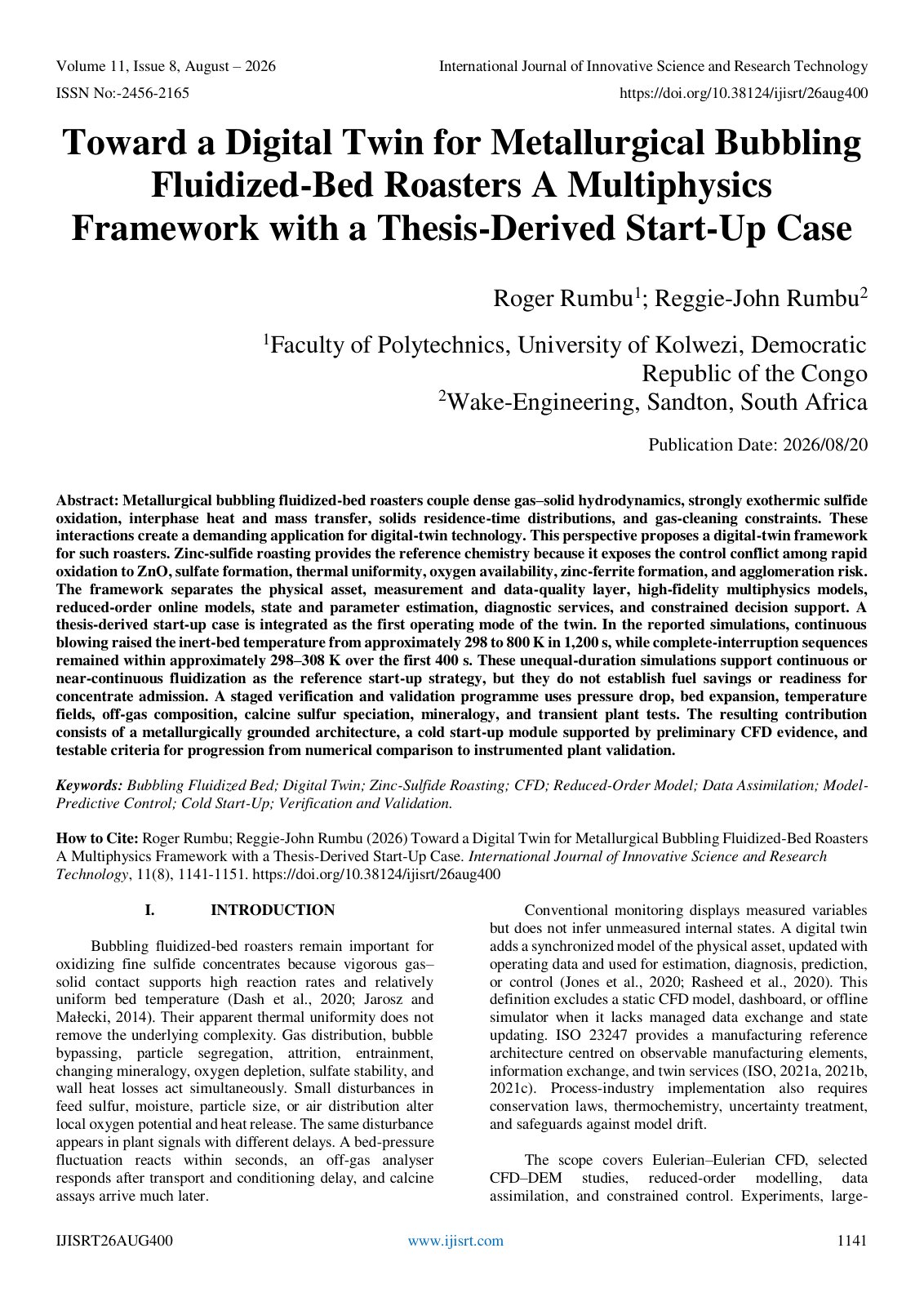 First page of Toward a Digital Twin for Metallurgical Bubbling Fluidized-Bed Roasters A Multiphysics Framework with a Thesis-Derived Start-Up Case