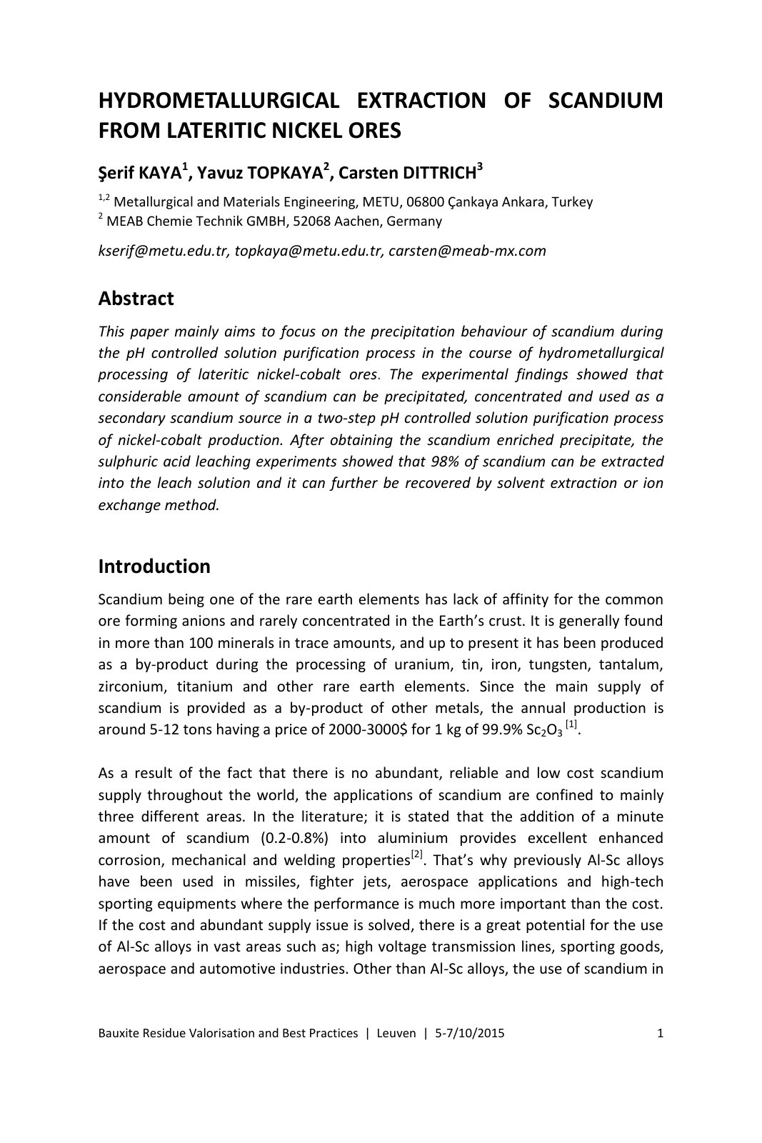 First page of HYDROMETALLURGICAL EXTRACTION OF SCANDIUM FROM LATERITIC NICKEL ORES