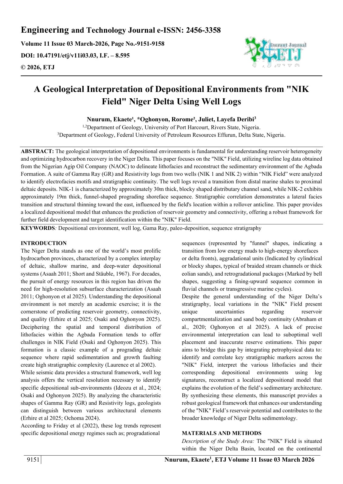 First page of A Geological Interpretation of Depositional Environments from "NIK  Field" Niger Delta Using Well Logs  