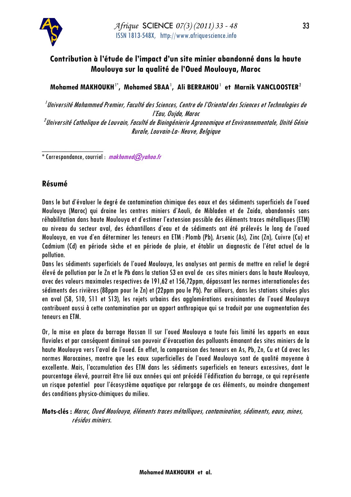 First page of Évaluation du degré de contamination chimique des eaux et des sédiments superficiels de l’oued Moulouya (Maroc)