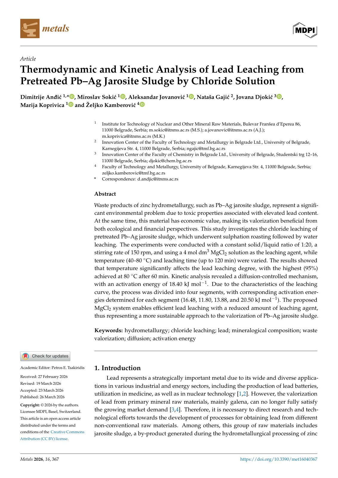 First page of 2026   Andic   Chloride Leaching Kinetics of Lead Jarosite Sludge