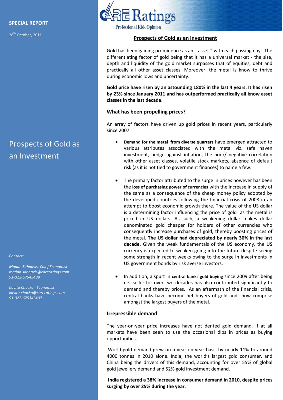 First page of Prospects of Gold as an Investment October 2011 10 28 2011
