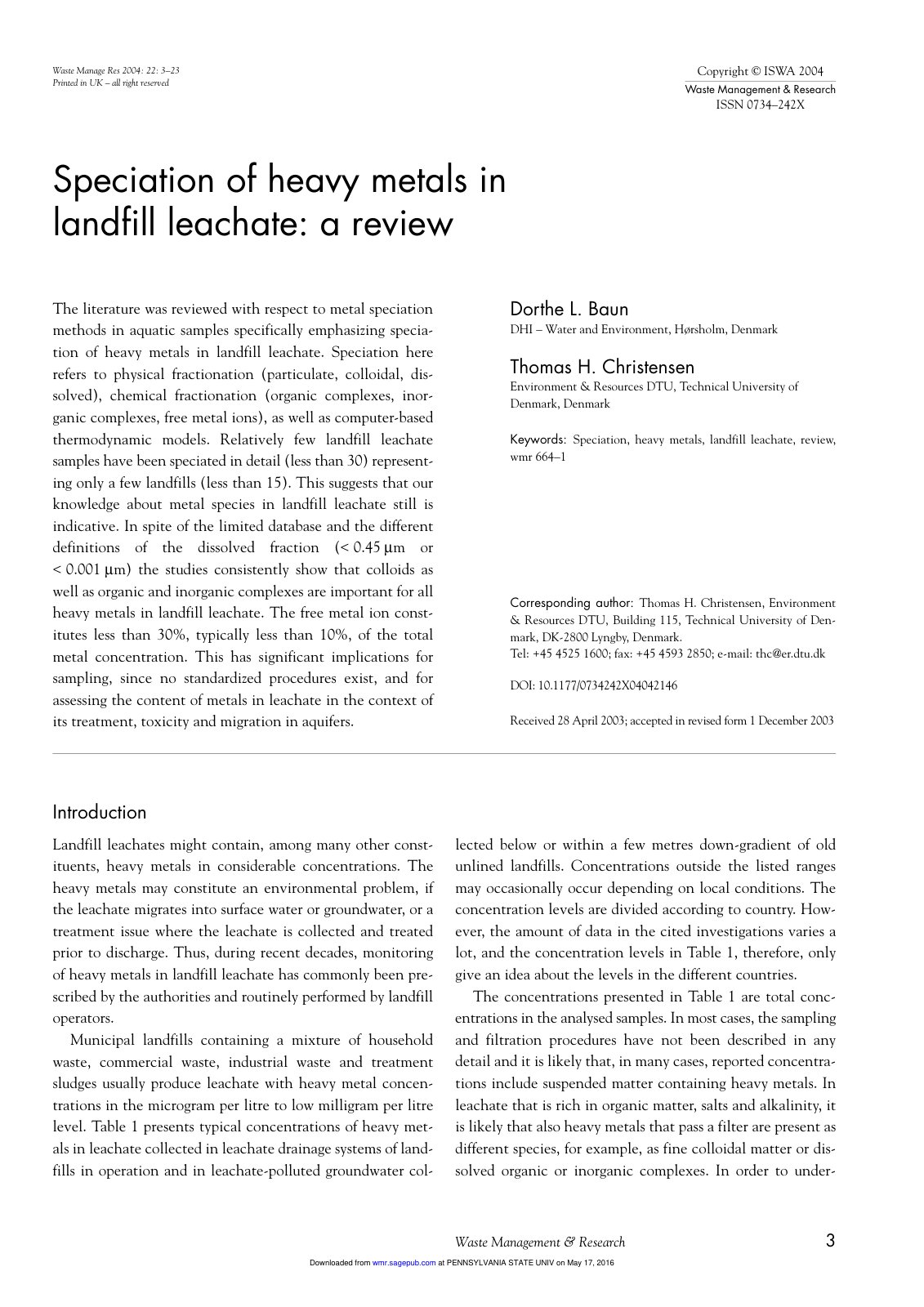 First page of Speciation of heavy metals in landfill leachate: a review