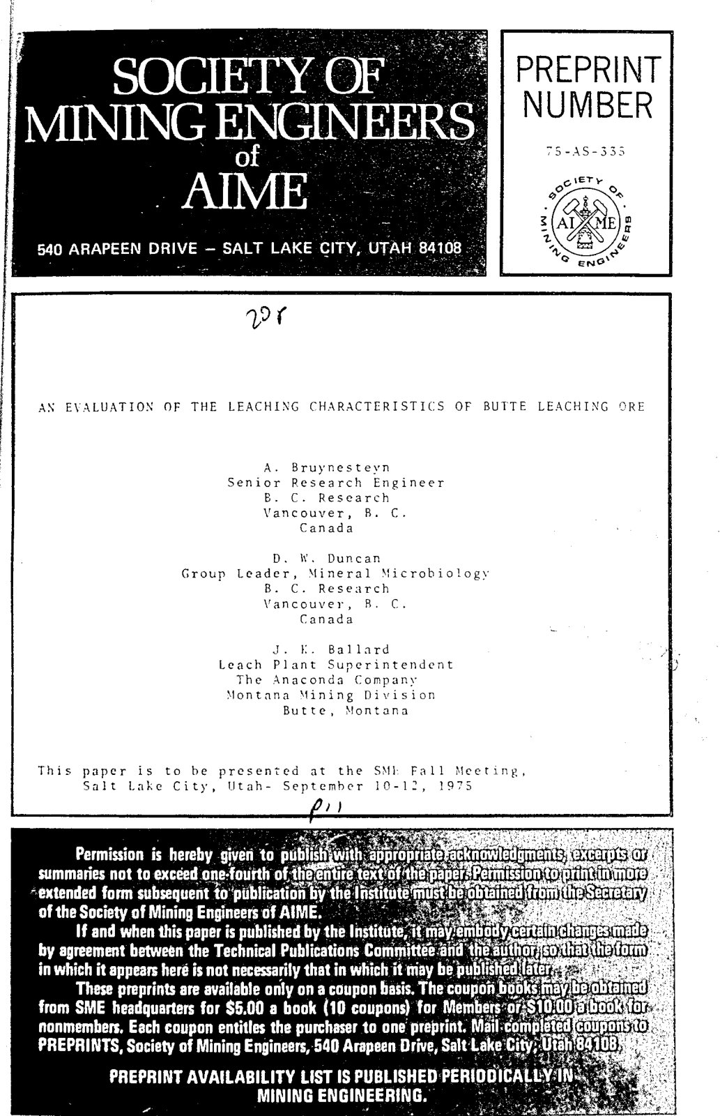 First page of An evaluation of the leaching chracteristics of Butte leaching ore