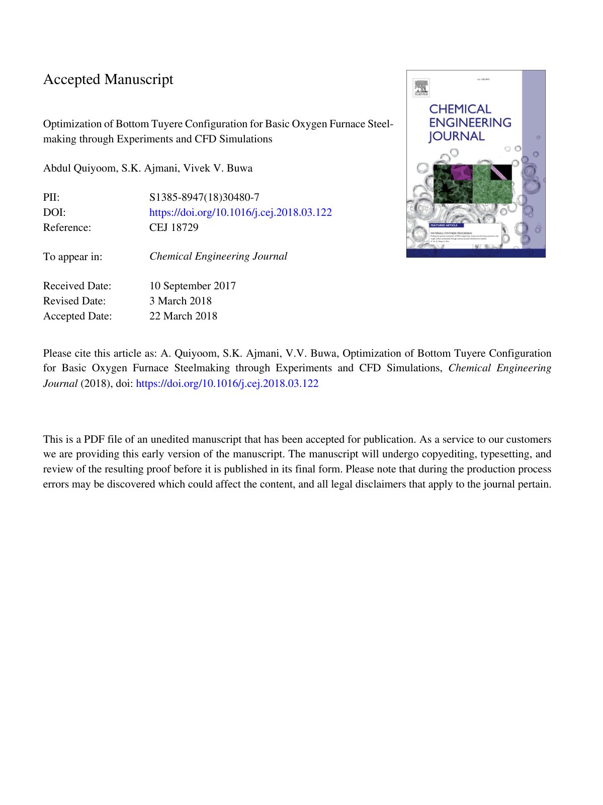 First page of Optimization of bottom tuyere configurat