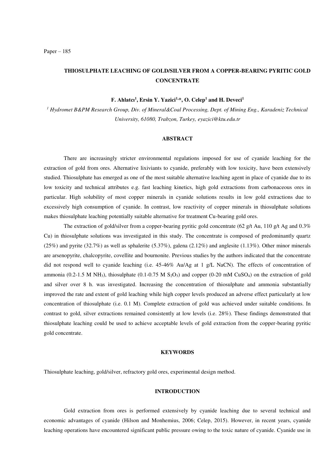 First page of Thiosulphate Leaching of Gold/Silver from a Copper-Bearing Pyritic Gold Concentrate