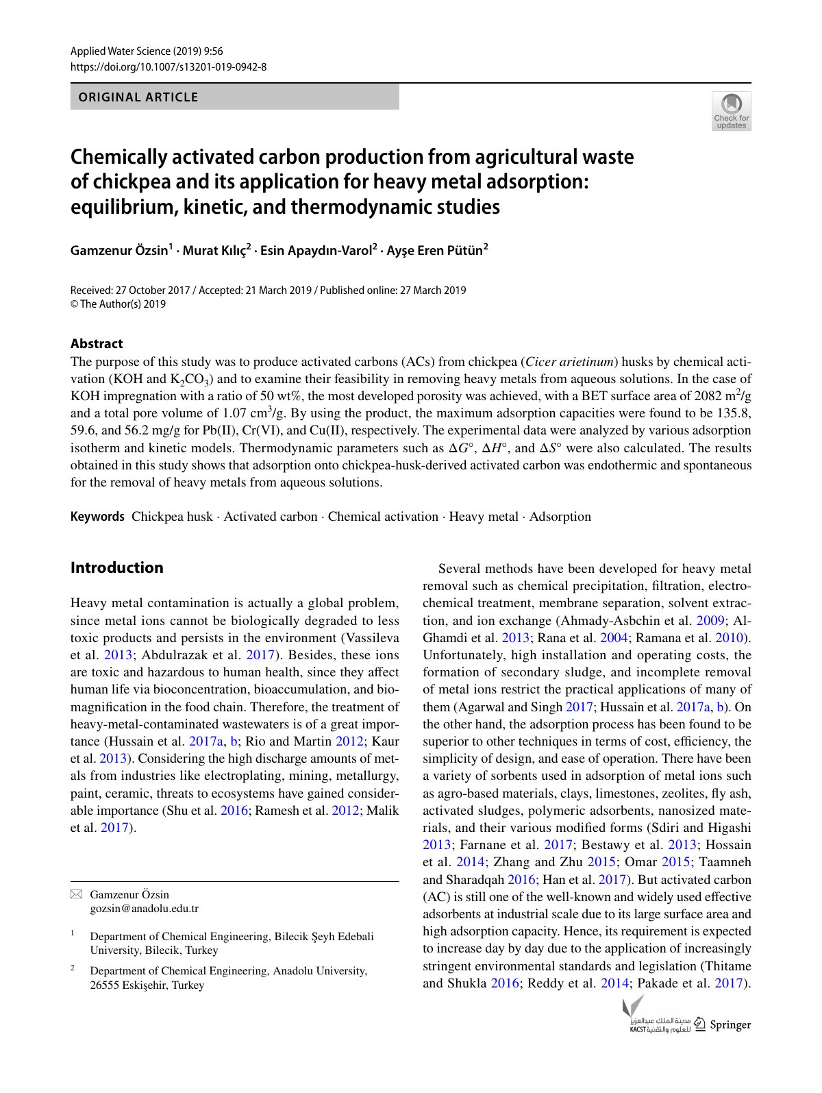 First page of Chemically activated carbon production from agricultural waste of chickpea and its application for heavy metal adsorption: equilibrium, kinetic, and thermodynamic studies