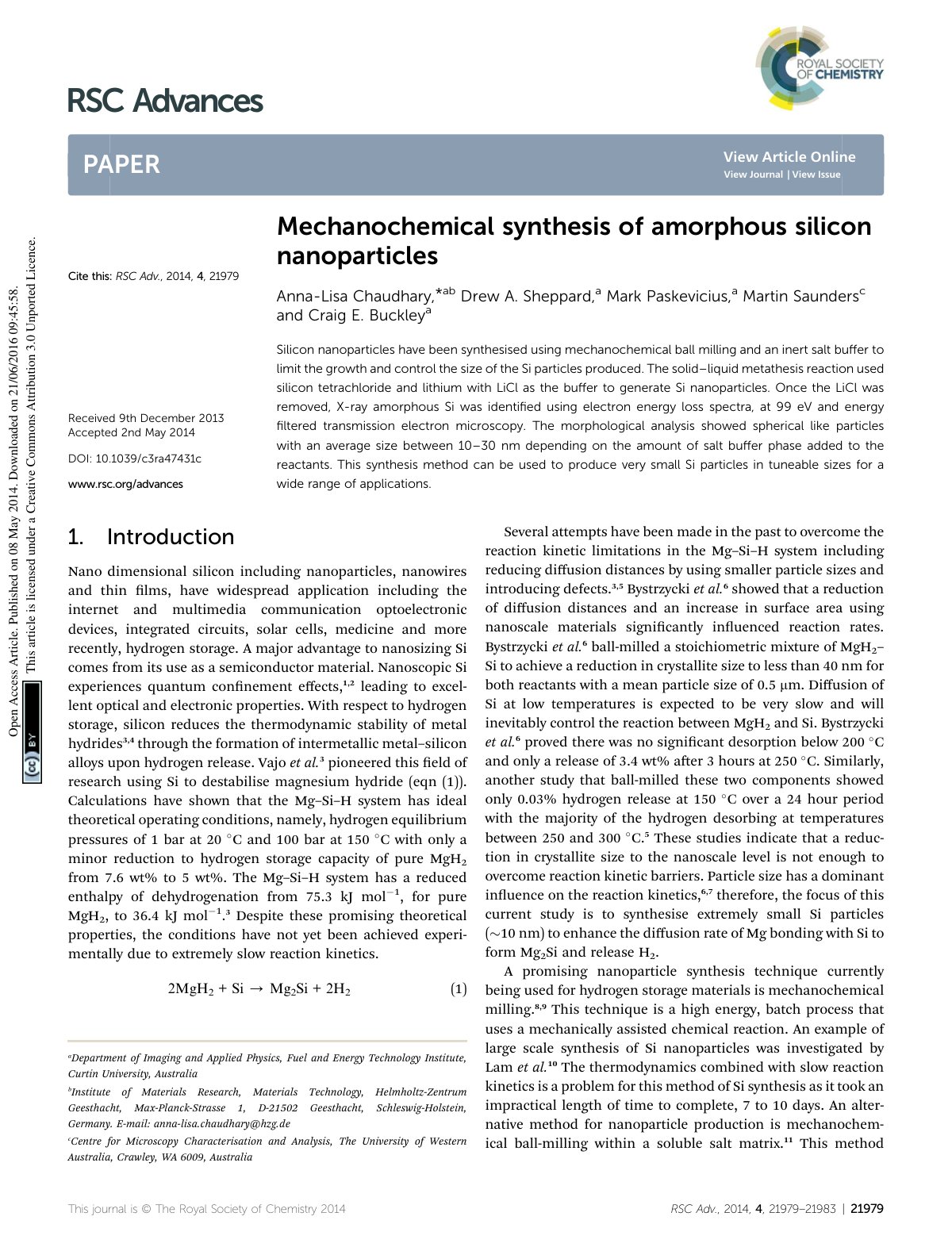 First page of Mechanochemical synthesis of amorphous s