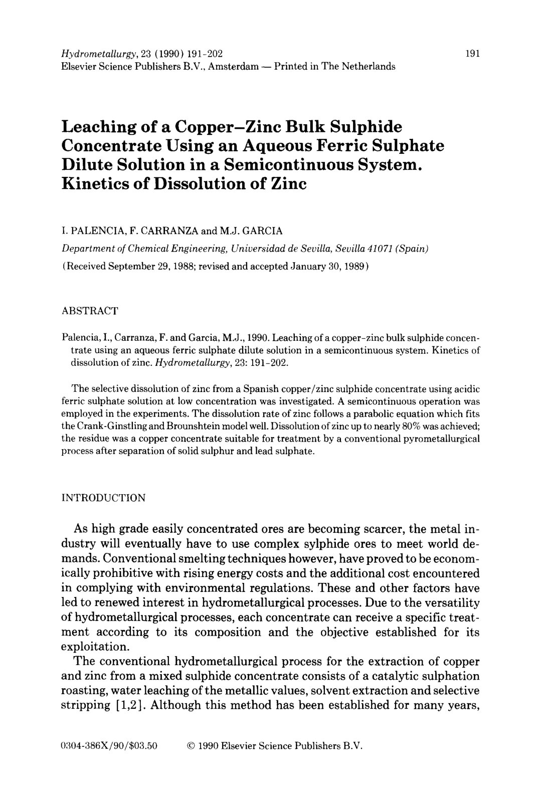 First page of Leaching of a Copper-Zinc Bulk Sulphide Concentrate Using an Aqueous Ferric Sulphate Dilute Solution in a Semicontinuous System. Kinetics of Dissolution of Zinc