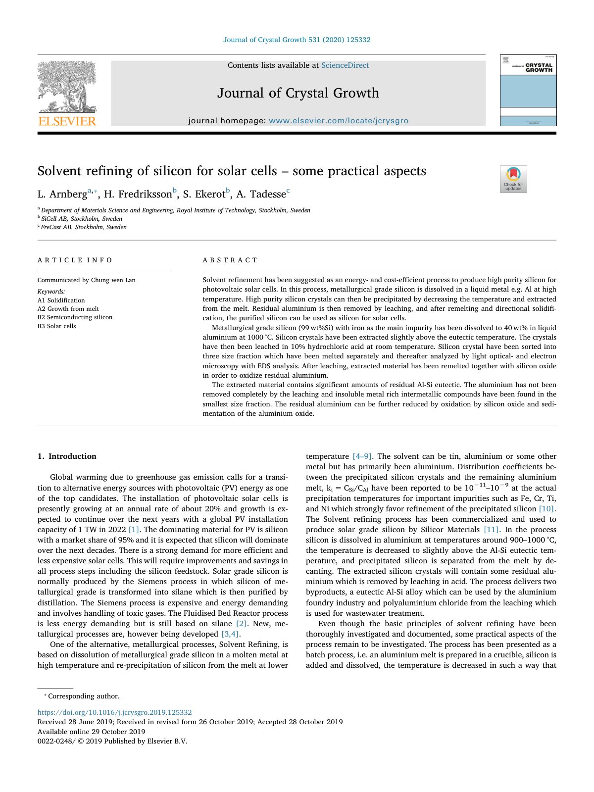 First page of Solvent refining of silicon for solar ce
