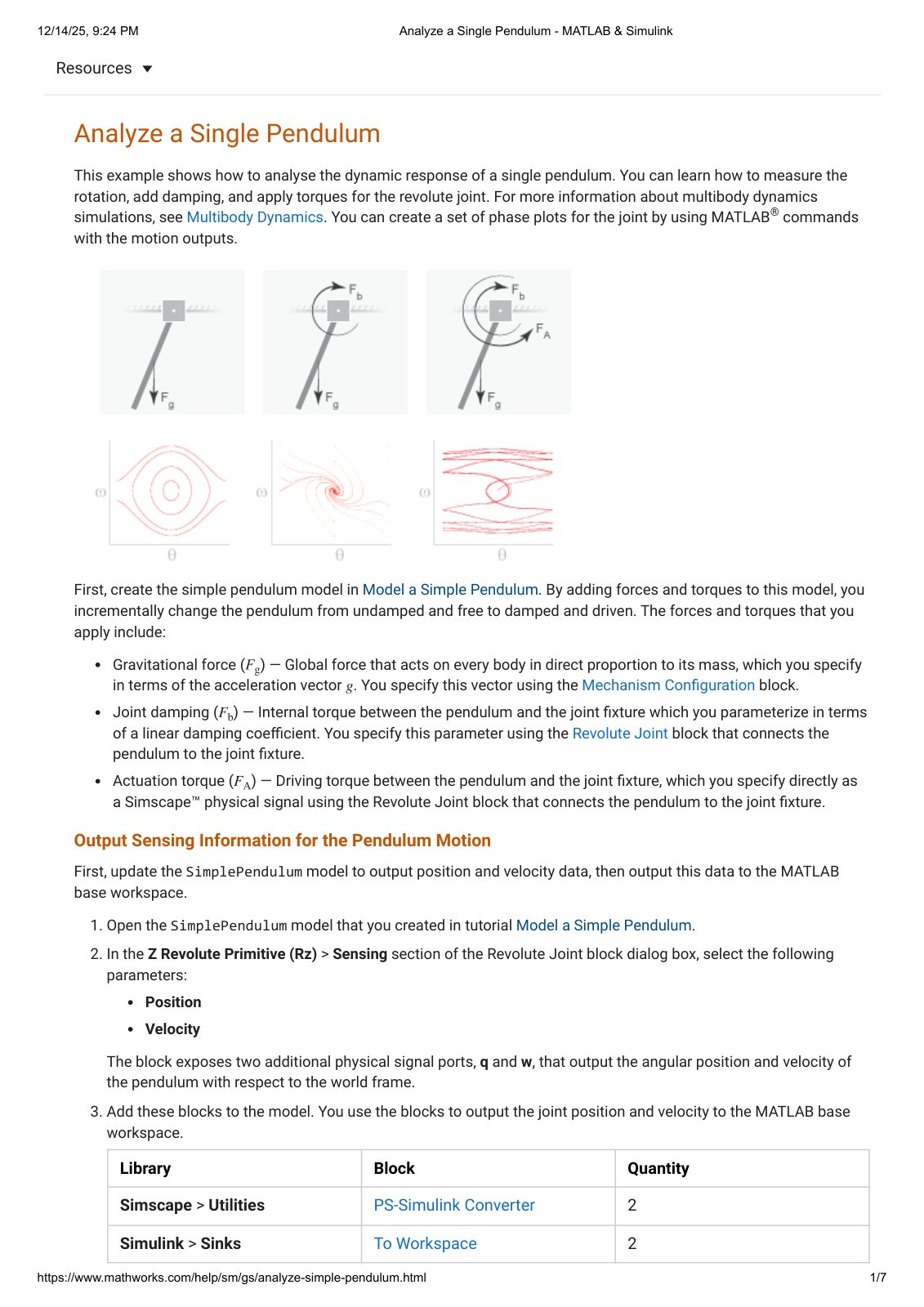 First page of Analyze a Single Pendulum   MATLAB & Simulink