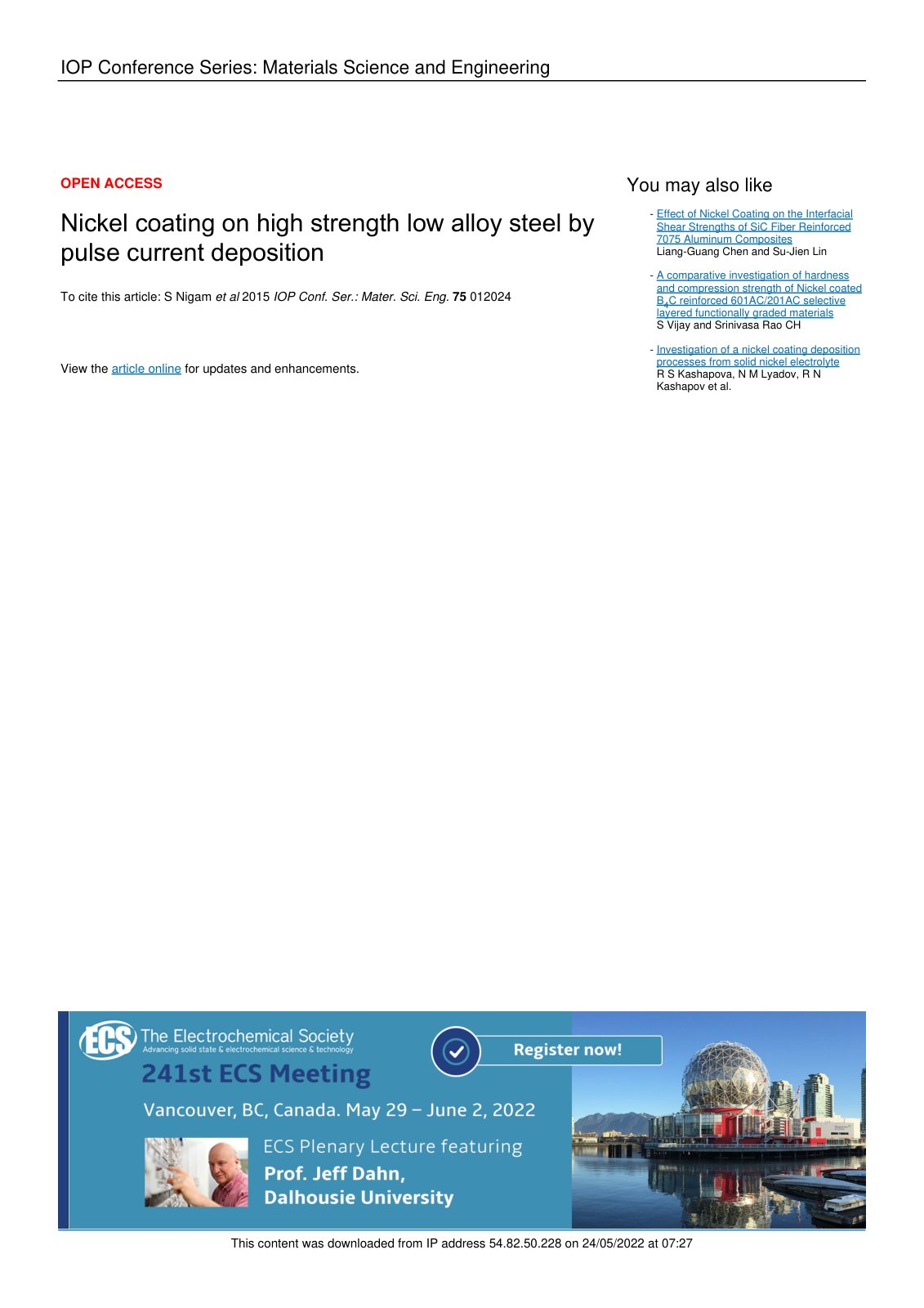 First page of Nickel coating on high strength low alloy steel by pulse current deposition