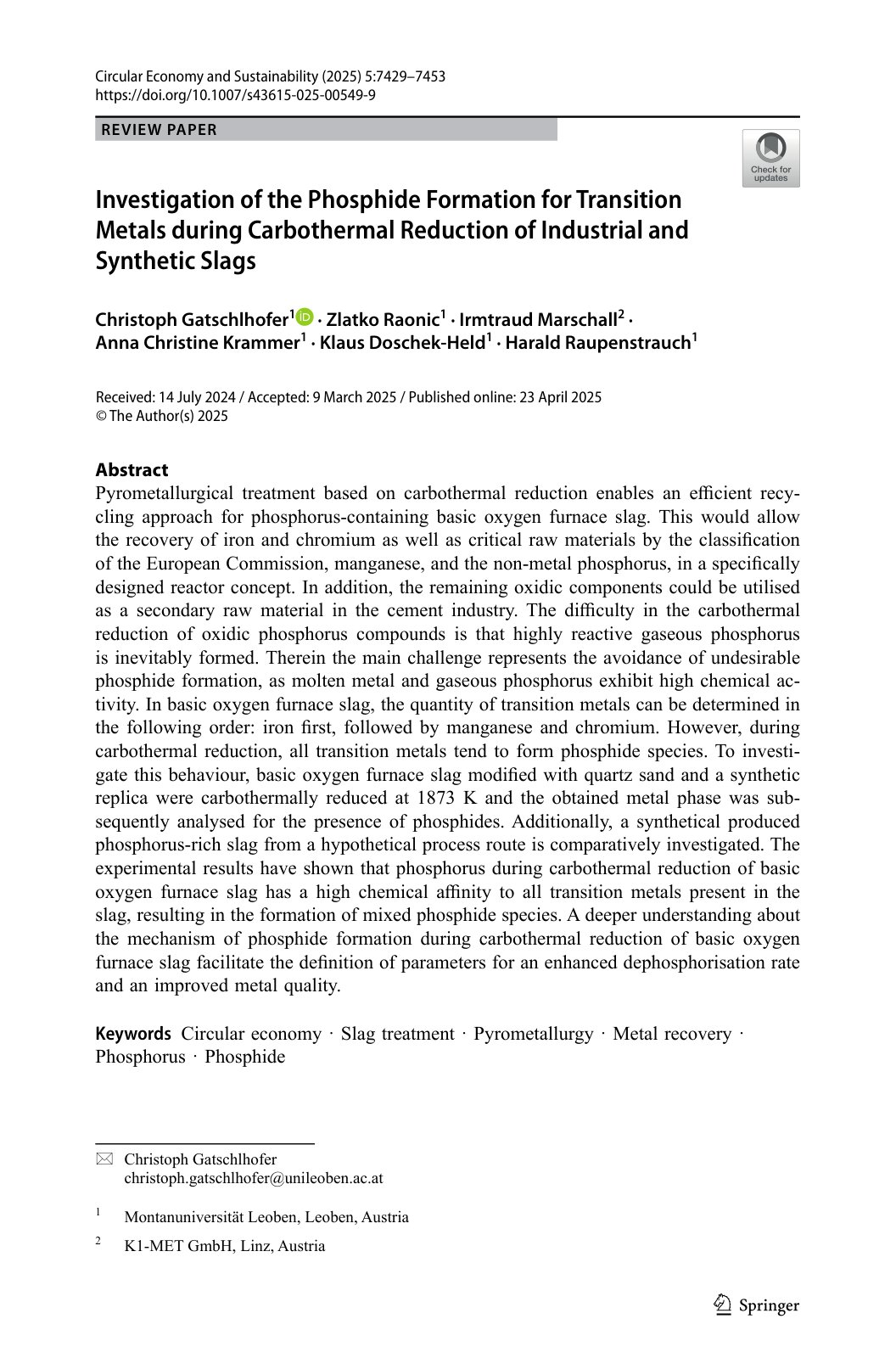 First page of 2025 Gatschlhofer Phosphide Carbothermal Reduction Slags
