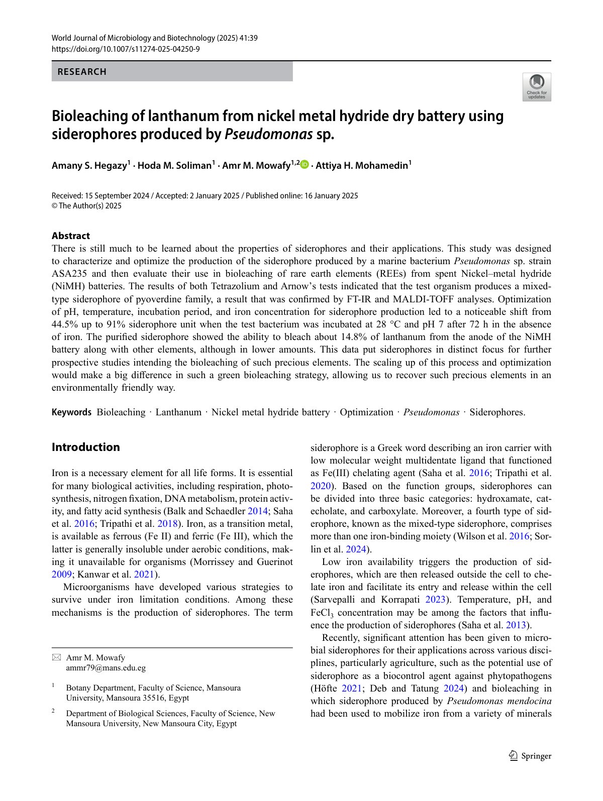 First page of World Journal of Microbiology and Biotechnology (2025) 41:39