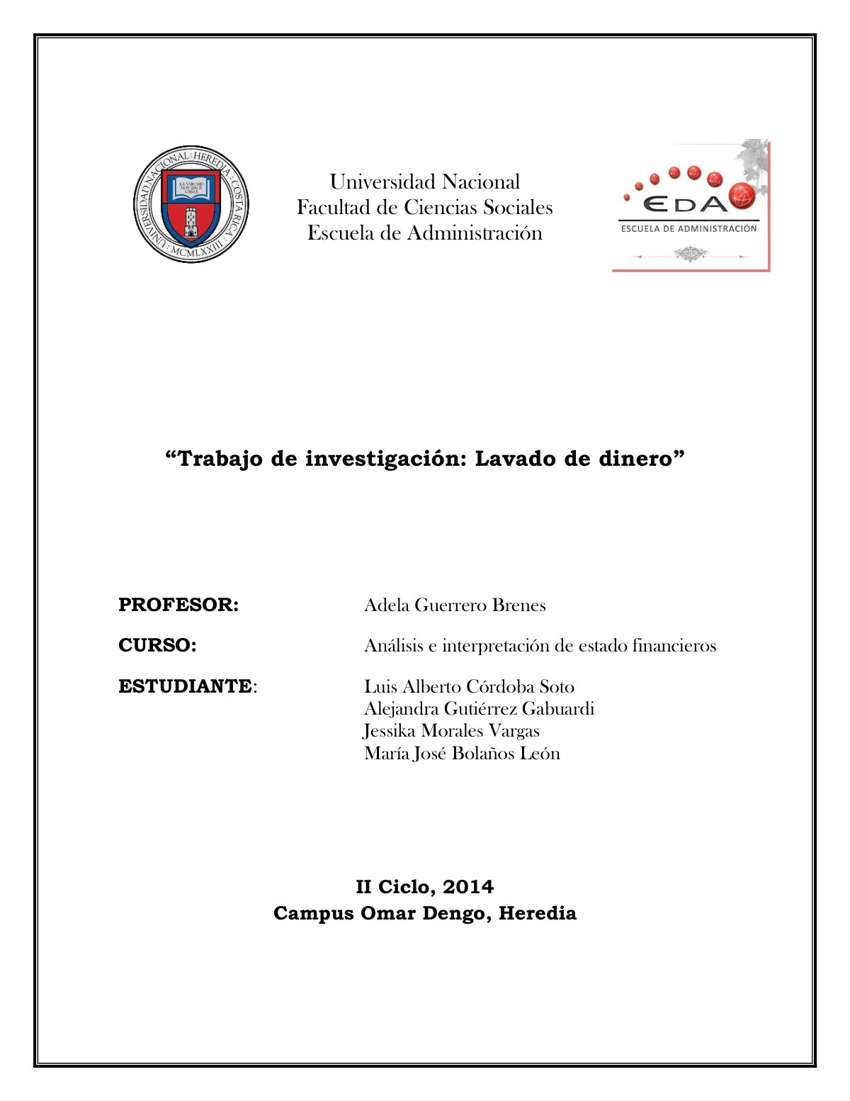 First page of Trabajo Escrito Lavado de Dinero