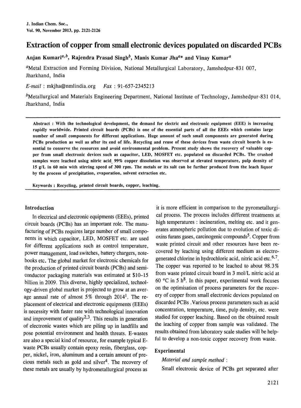 First page of Extraction of copper from small electron