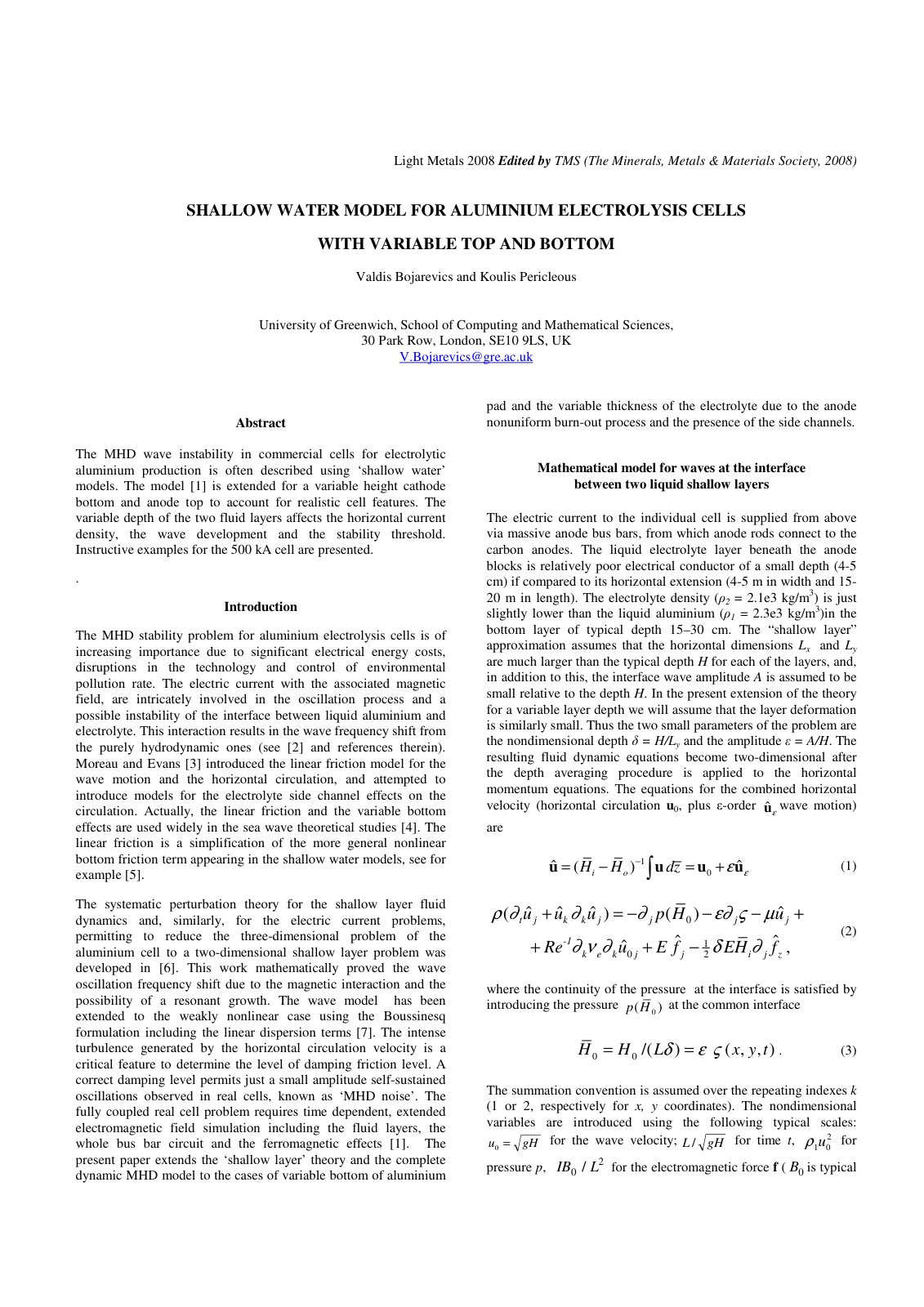 First page of SHALLOW WATER MODEL FOR ALUMINIUM ELECTROLYSIS CELLS WITH VARIABLE TOP AND BOTTOM