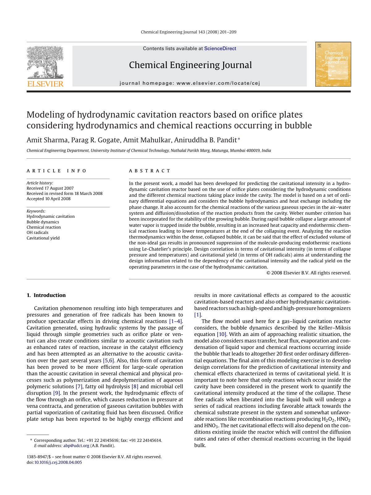 First page of Modeling of hydrodynamic cavitation reactors based on orifice plates considering hydrodynamics and chemical reactions occurring in bubble