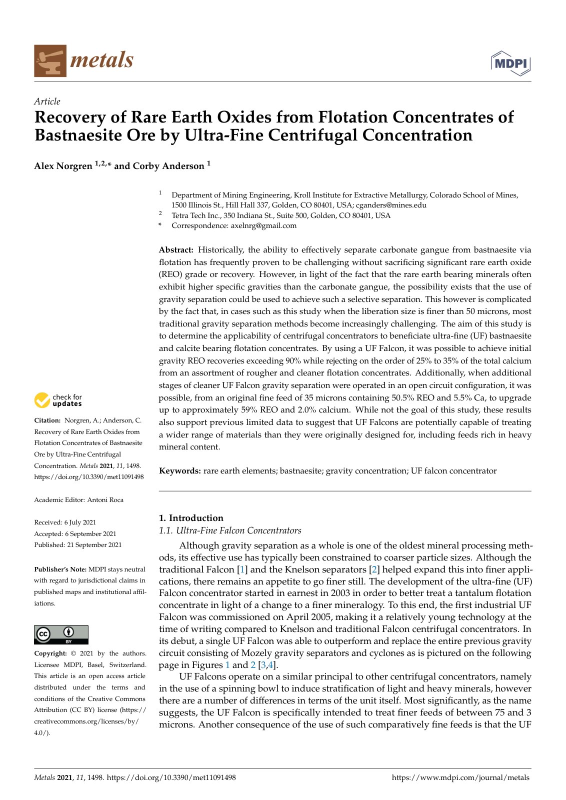 First page of Recovery of Rare Earth Oxides from Flotation Concentrates of Bastnaesite Ore by Ultra-Fine Centrifugal Concentration