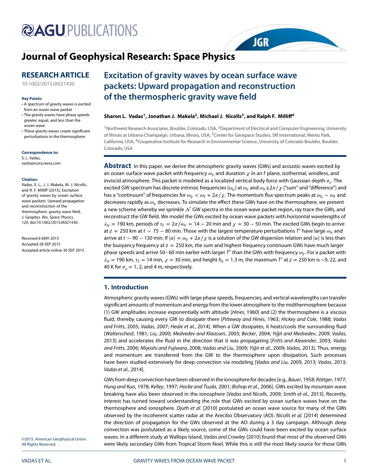 First page of Excitation of gravity waves by ocean surface wave packets: Upward propagation and reconstruction of the thermospheric gravity wave field