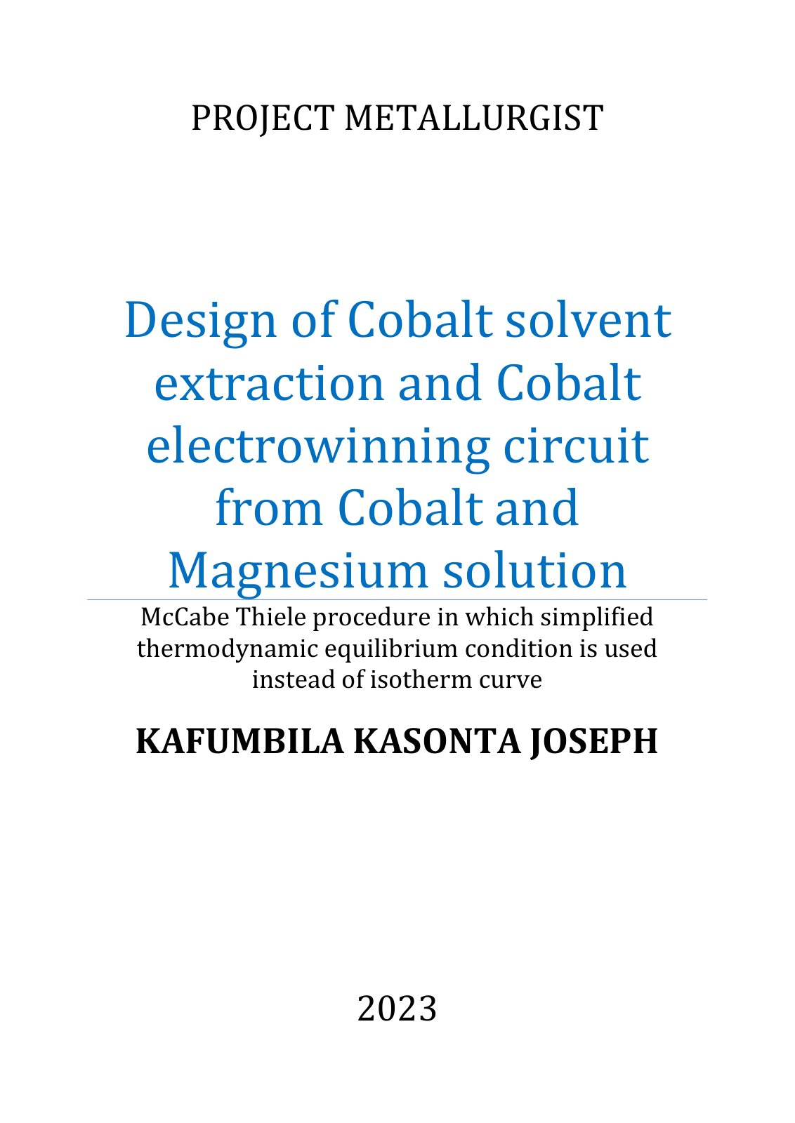 First page of 694606212 Design of Cobalt Solvent Extraction and Cobalt Electrowinning Circuit From Cobalt and Magnesium Solution