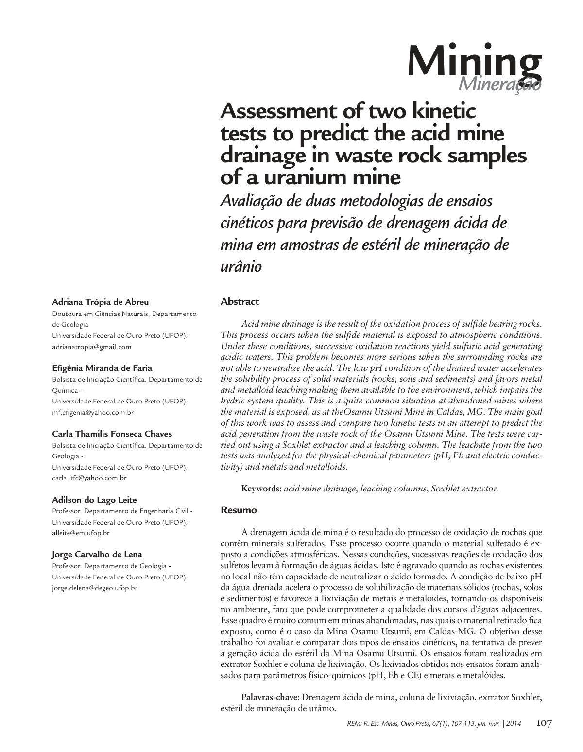 First page of Acid mine drainage: an assessment of kinetic tests for predicting acid generation from the waste rock of the Osamu Utsumi Mine