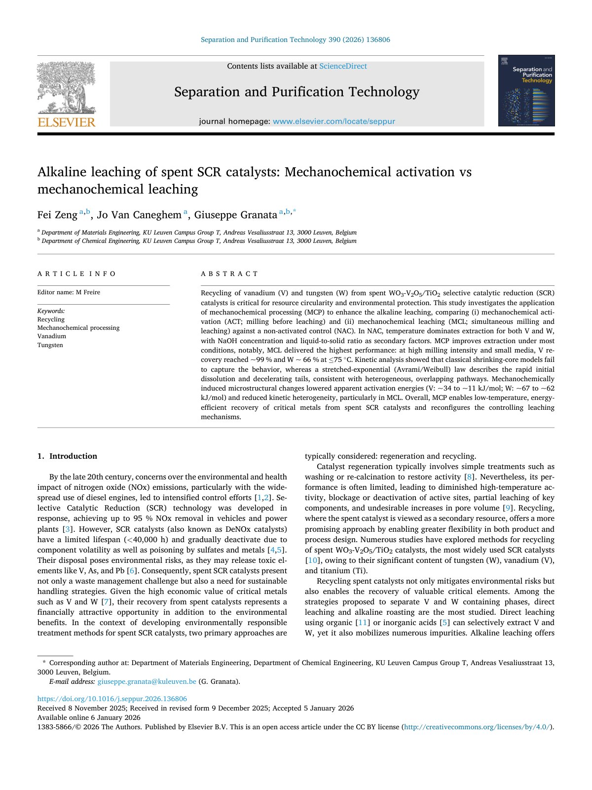 First page of 2026   Zeng   Alkaline Leaching of Spent SCR Catalysts