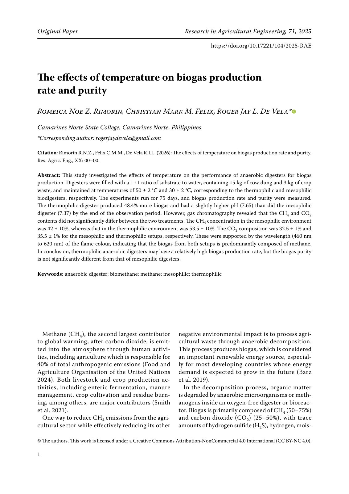 First page of The effects of temperature on biogas production ra