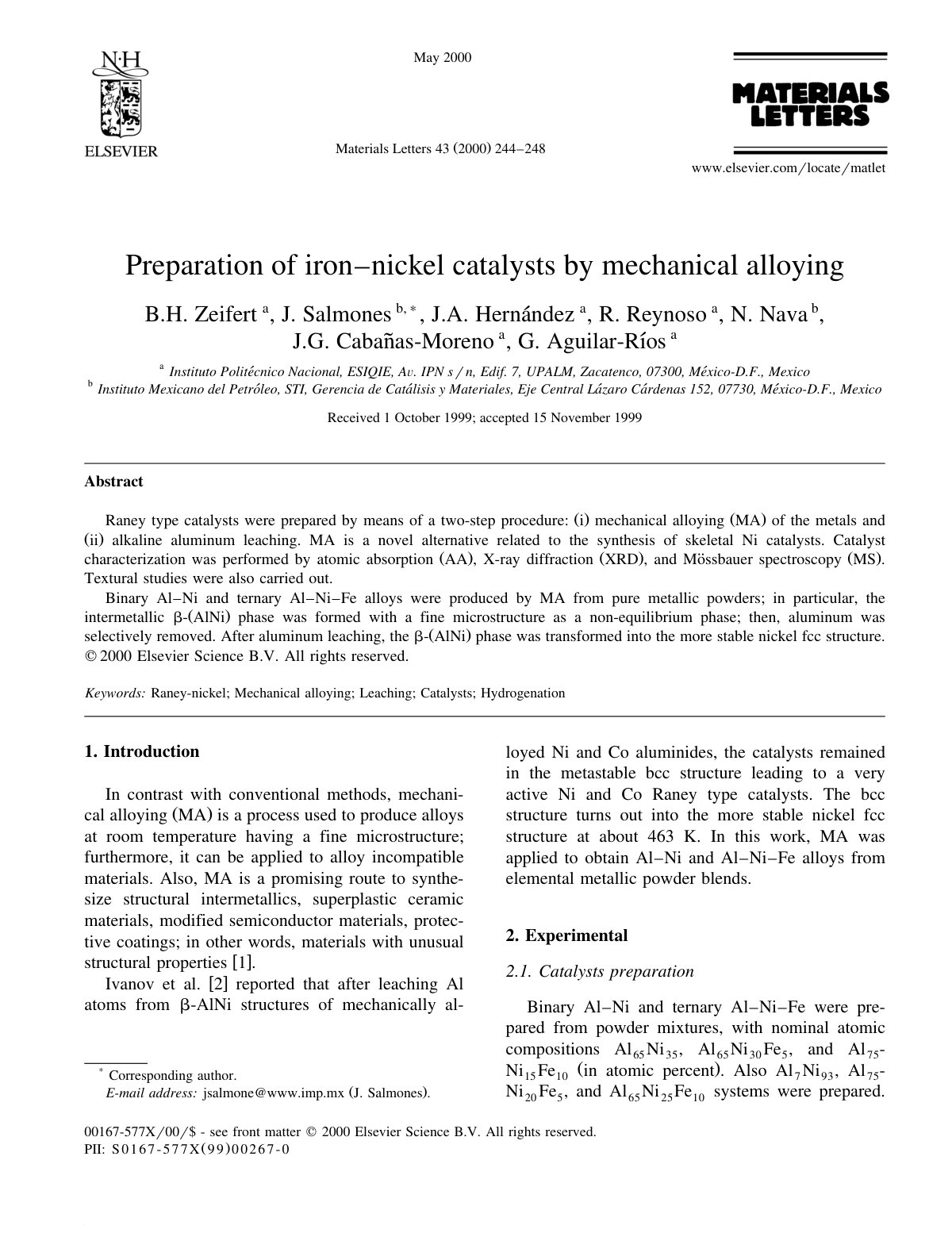 First page of Preparation of iron±nickel catalysts by mechanical alloying