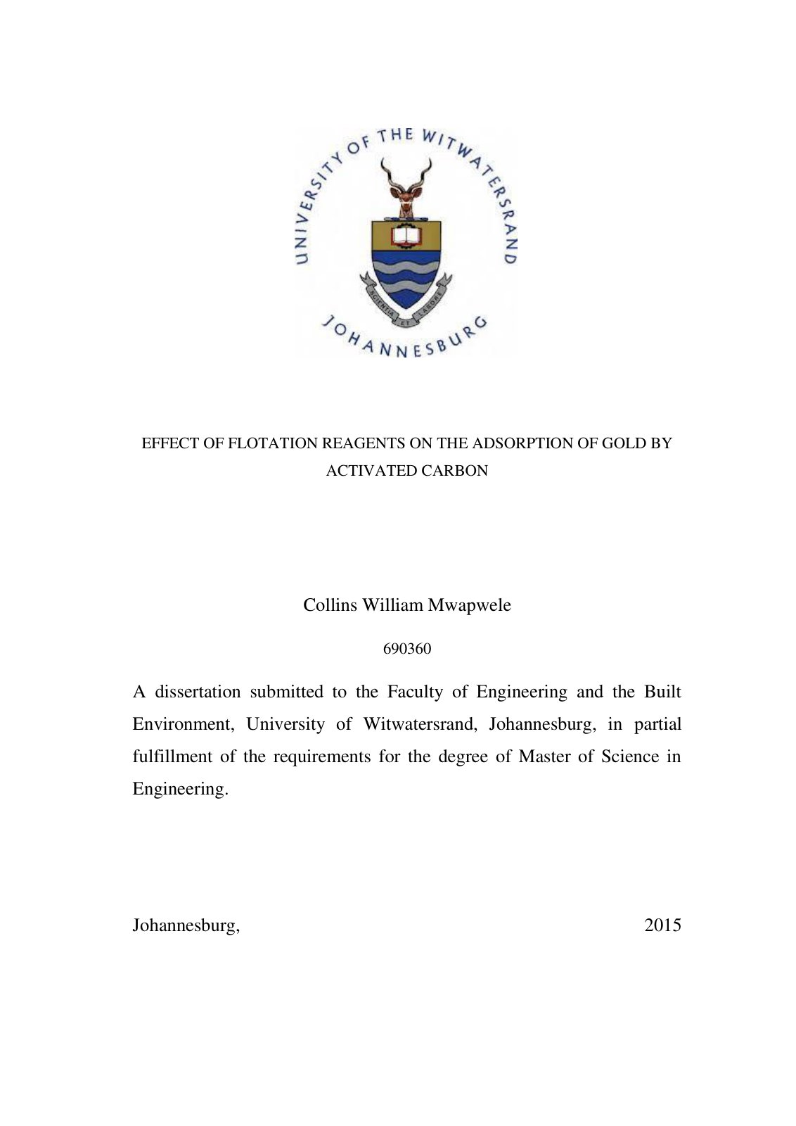 First page of EFFECT OF FLOTATION REAGENTS ON THE ADSORPTION OF GOLD BY ACTIVATED CARBON