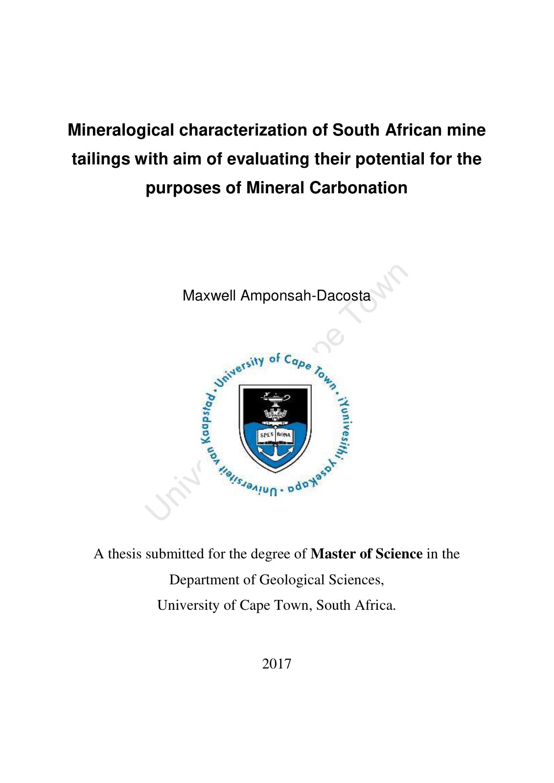 First page of Mineralogical characterization of South African mine tailings with aim of evaluating their potential for the purposes of Mineral Carbonation
