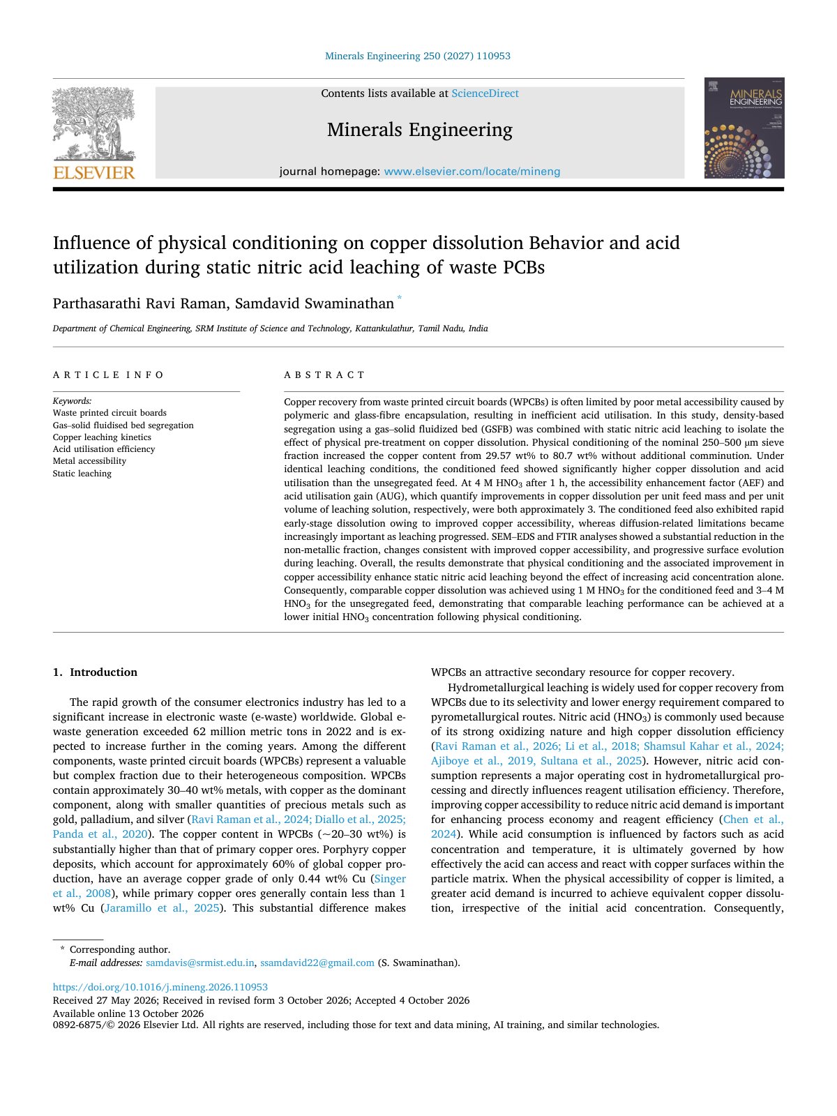 First page of Influence of physical conditioning on copper dissolution Beha 2027 Minerals 
