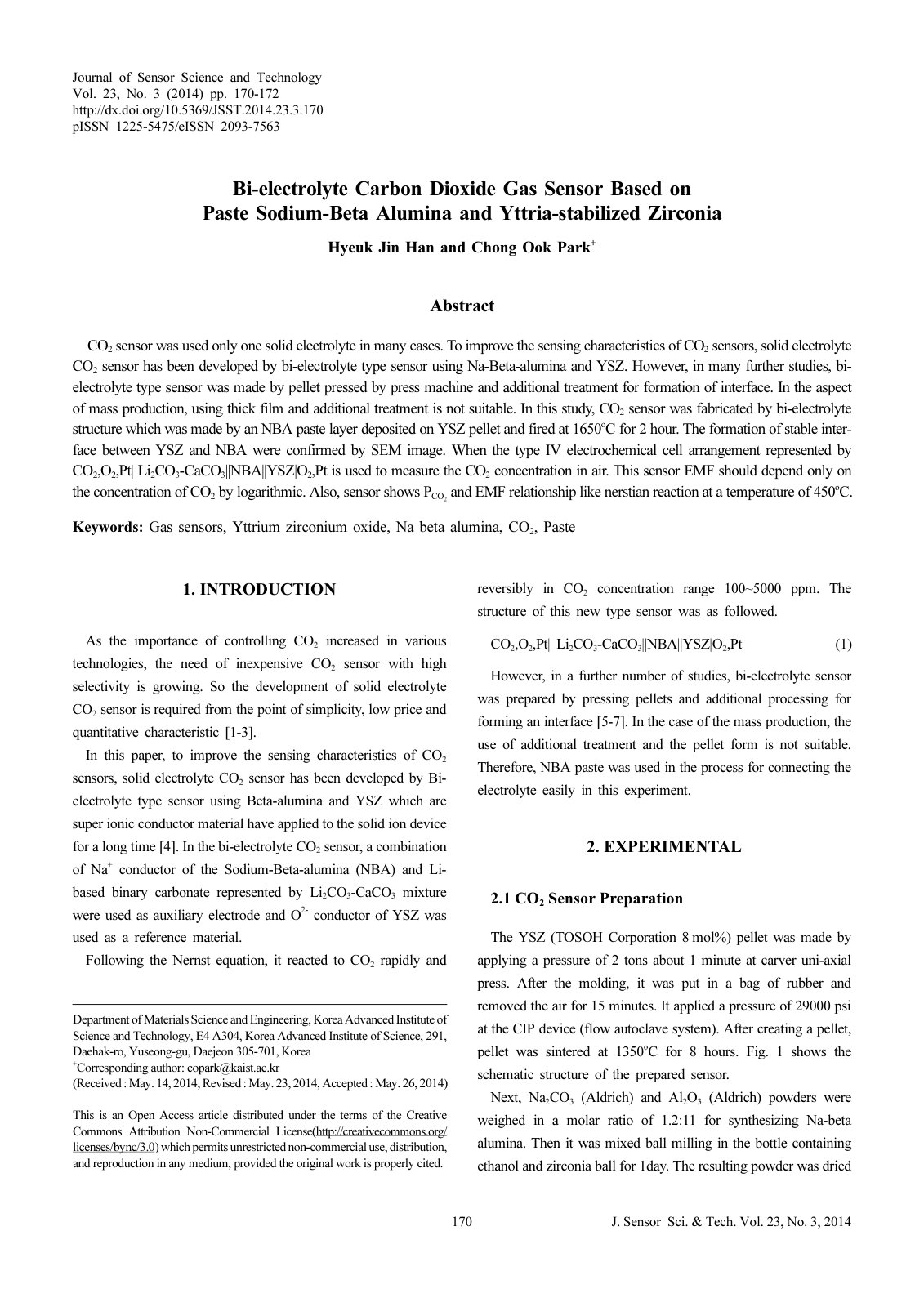 First page of Bi electrolyte Carbon Dioxide Gas Sensor