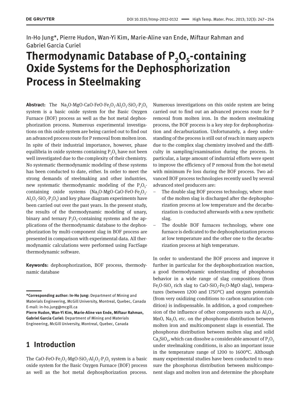 First page of Thermodynamic Database of P2O5-containing Oxide Systems for the Dephosphorization Process in Steelmaking