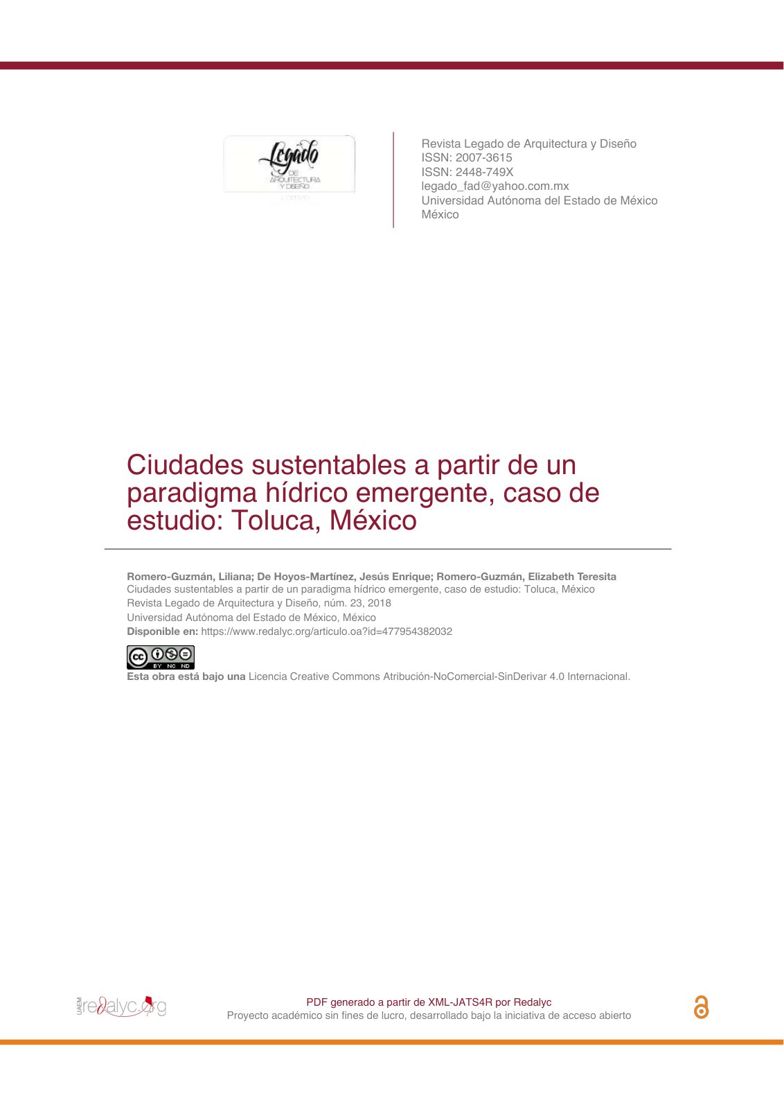 First page of Ciudades sustentables a partir de un paradigma hídrico emergente, caso de estudio: Toluca, México