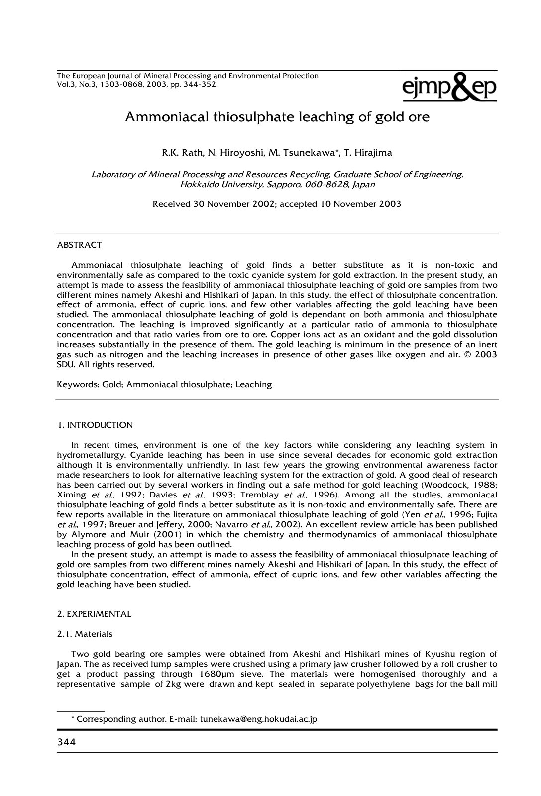 First page of Ammoniacal thiosulphate leaching of gold