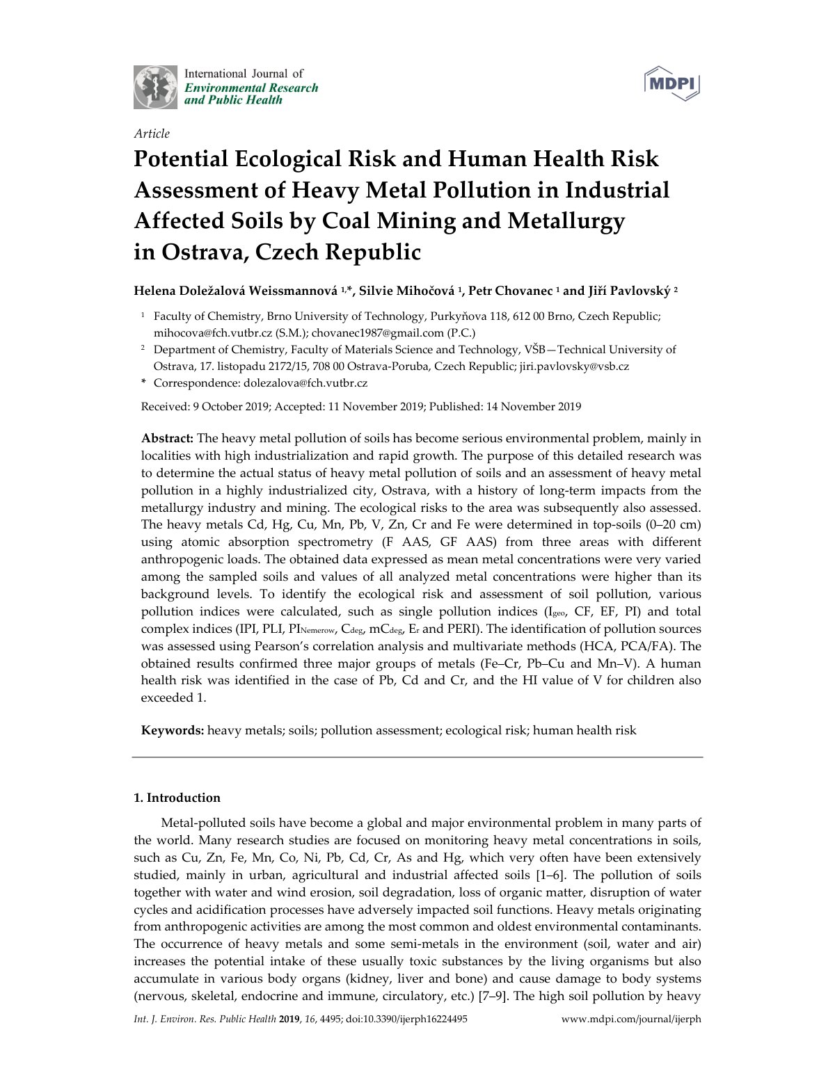 First page of Potential Ecological Risk and Human Health Risk Assessment of Heavy Metal Pollution in Industrial Affected Soils by Coal Mining and Metallurgy in Ostrava, Czech Republic