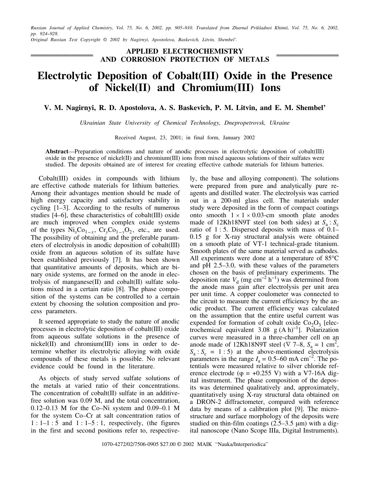 First page of Electrolytic Deposition of Cobalt III Ox