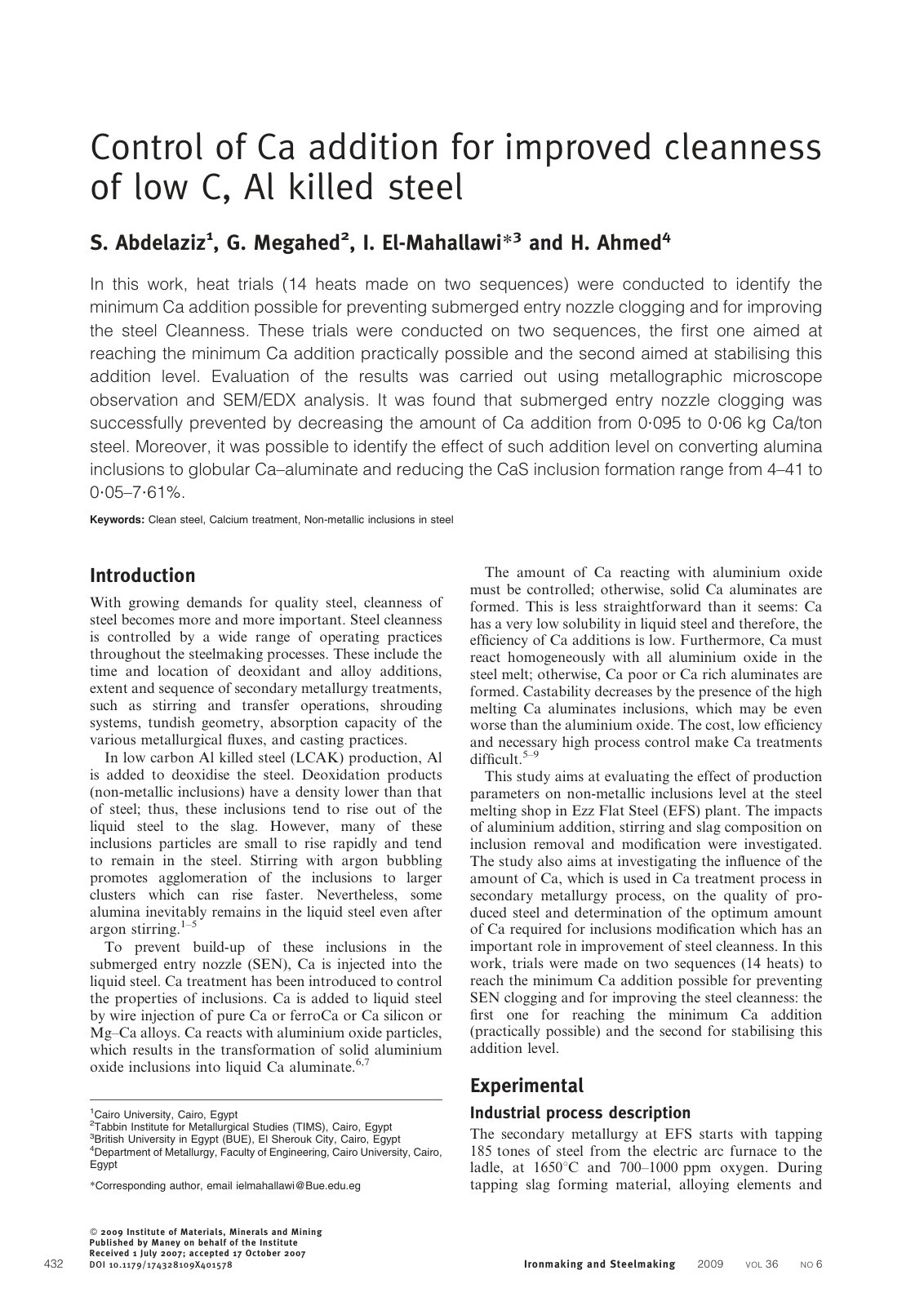 First page of Control of Ca addition for improved clea