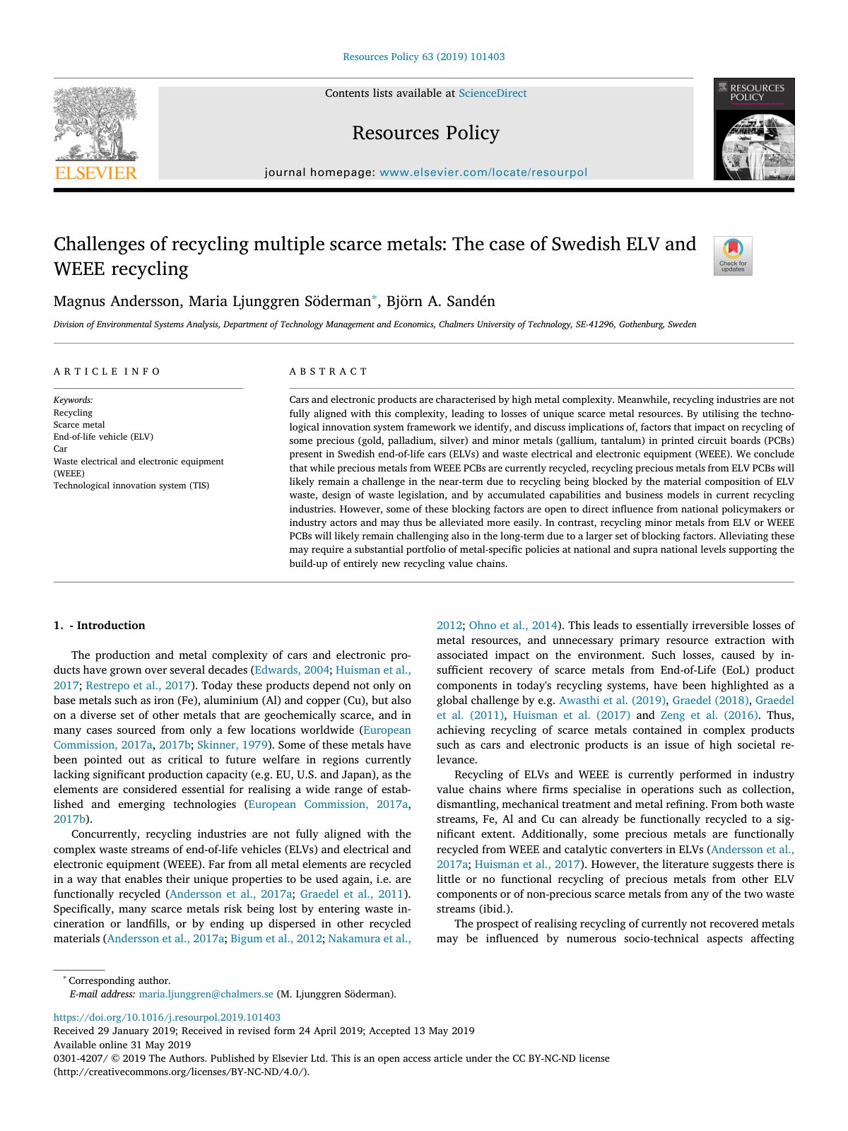 First page of Challenges of recycling multiple scarce metals  The case of  2019 Resources 
