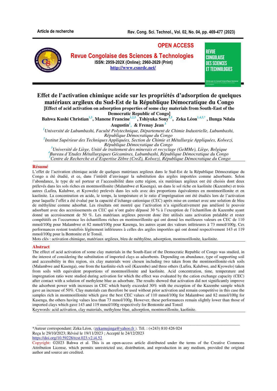 First page of Effet de l’activation chimique acide sur les propriétés d’adsorption de quelques matériaux argileux du Sud-Est de la République Démocratique du Congo