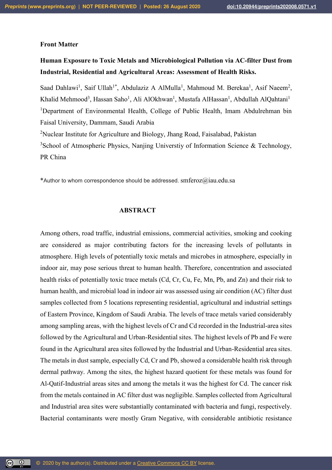 First page of Human Exposure to Toxic Metals and Microbiological Pollution via AC-filter Dust from Industrial, Residential and Agricultural Areas: Assessment of Health Risks