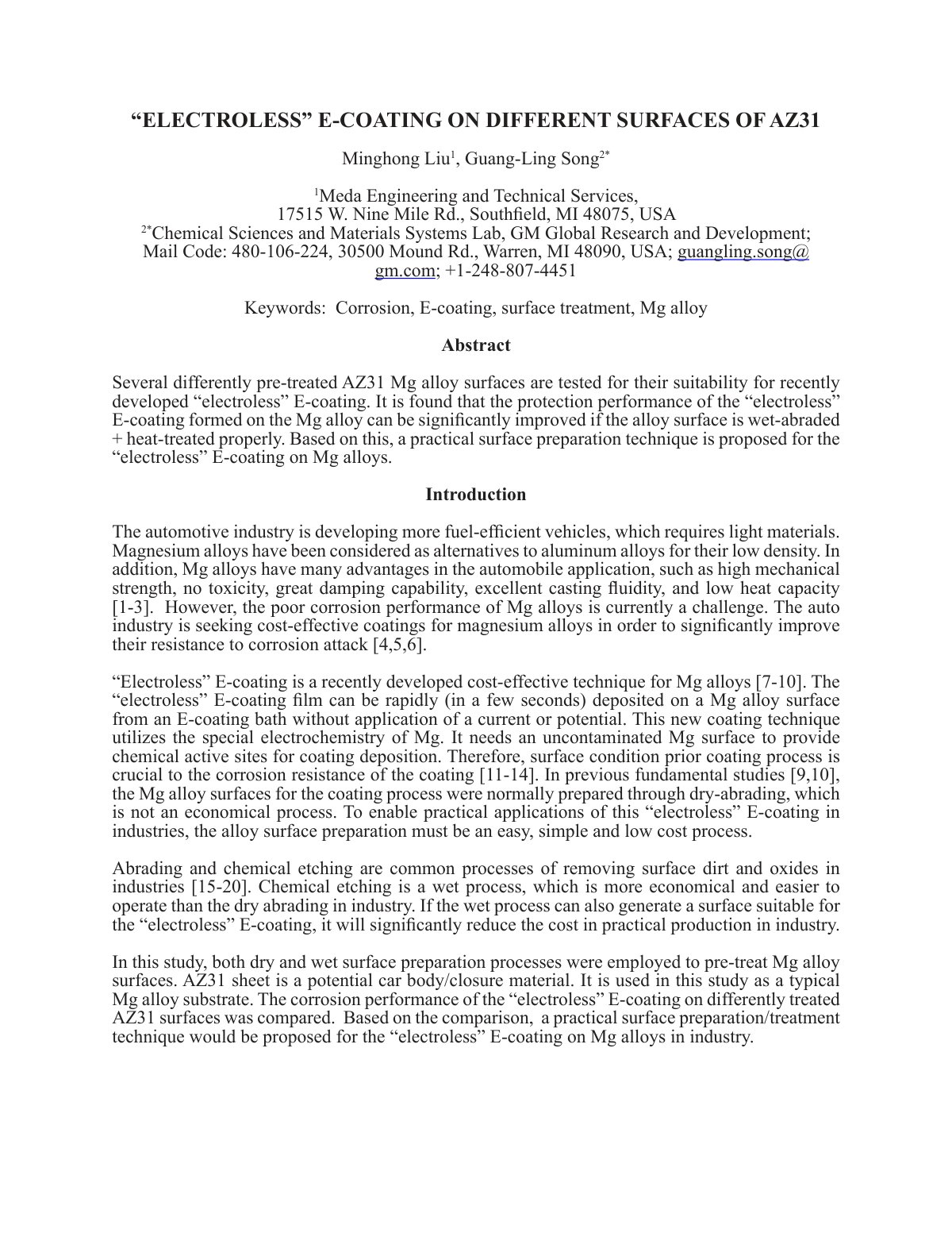 First page of ELECTROLESS" E-COATING ON DIFFERENT SURFACES OF AZ31