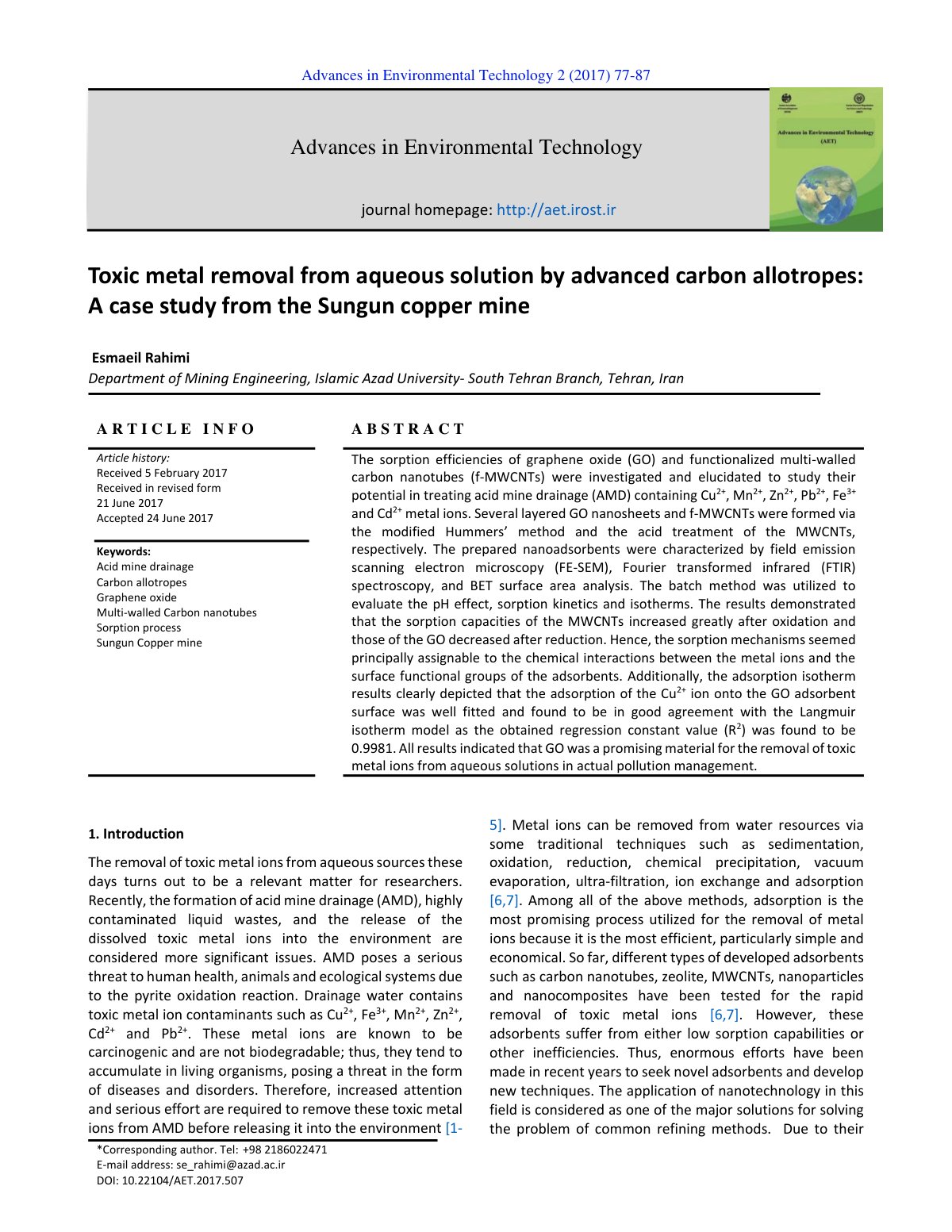 First page of Toxic metal removal from aqueous solution by advanced carbon allotropes: A case study from the Sungun copper mine