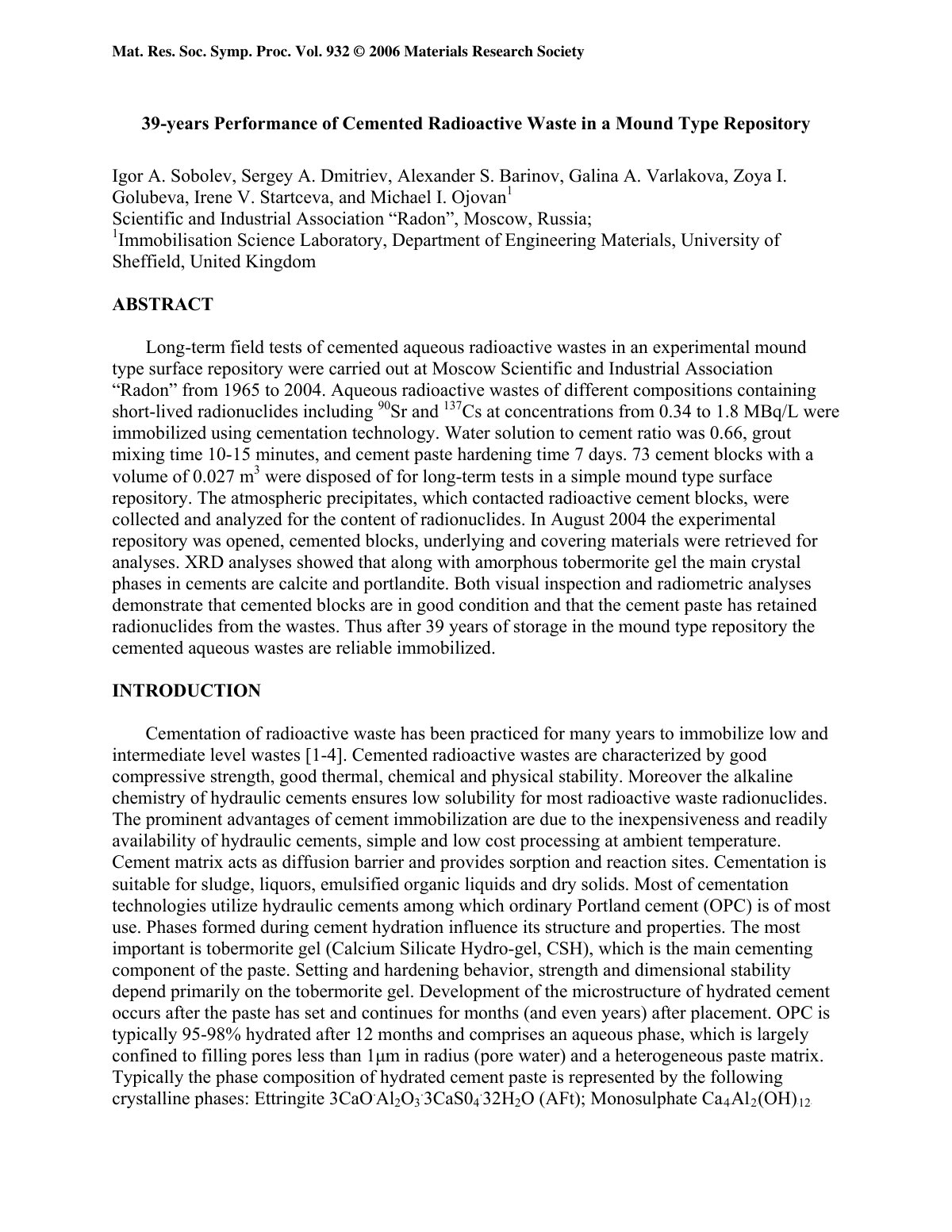 First page of 39-years Performance of Cemented Radioactive Waste in a Mound Type Repository