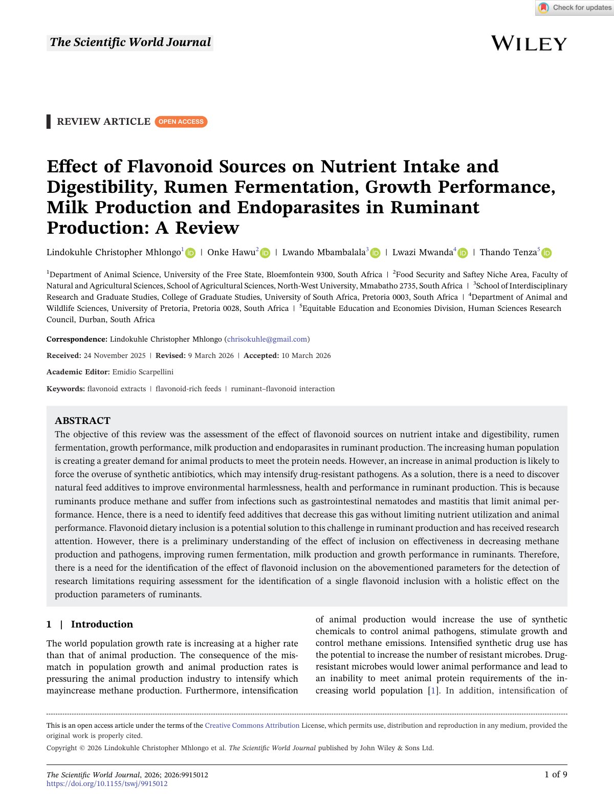 First page of TheScientificWorldJournal 2026 Mhlongo EffectofFlavonoidSourcesonNutrientIntakeandDigestibilityRumen