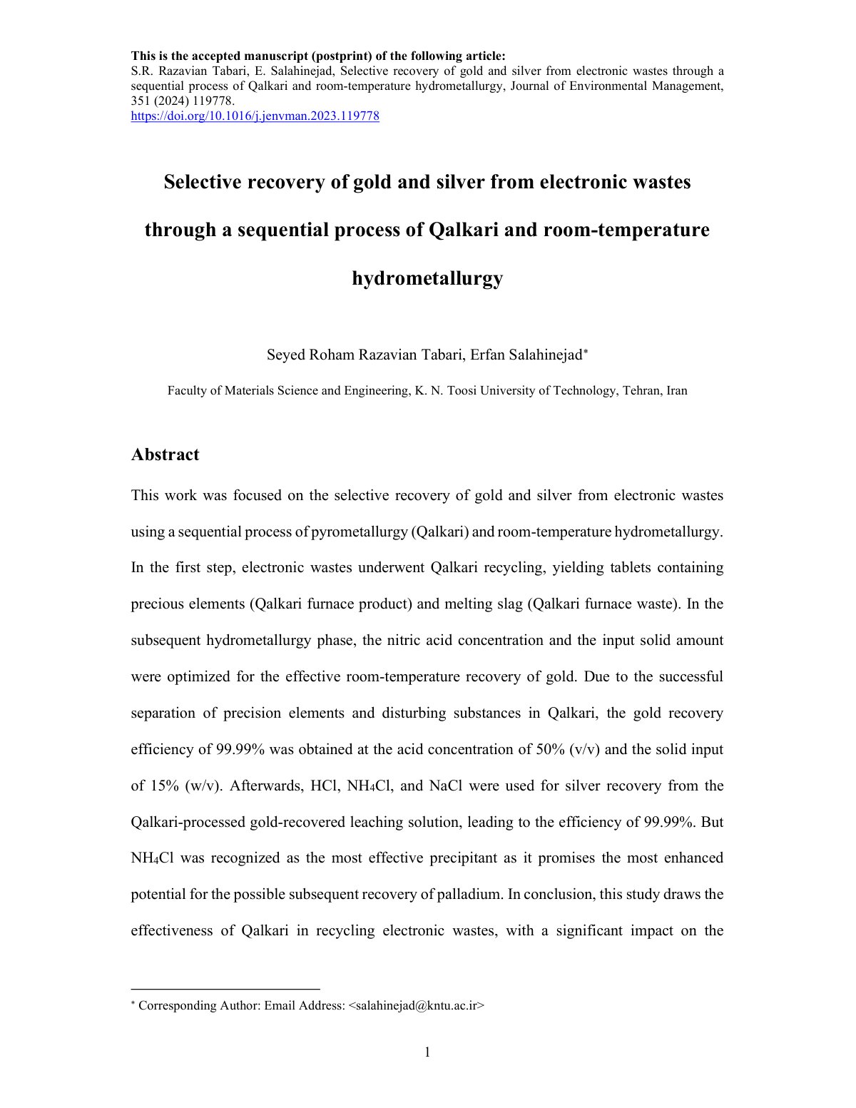 First page of Selective recovery of gold and silver fr
