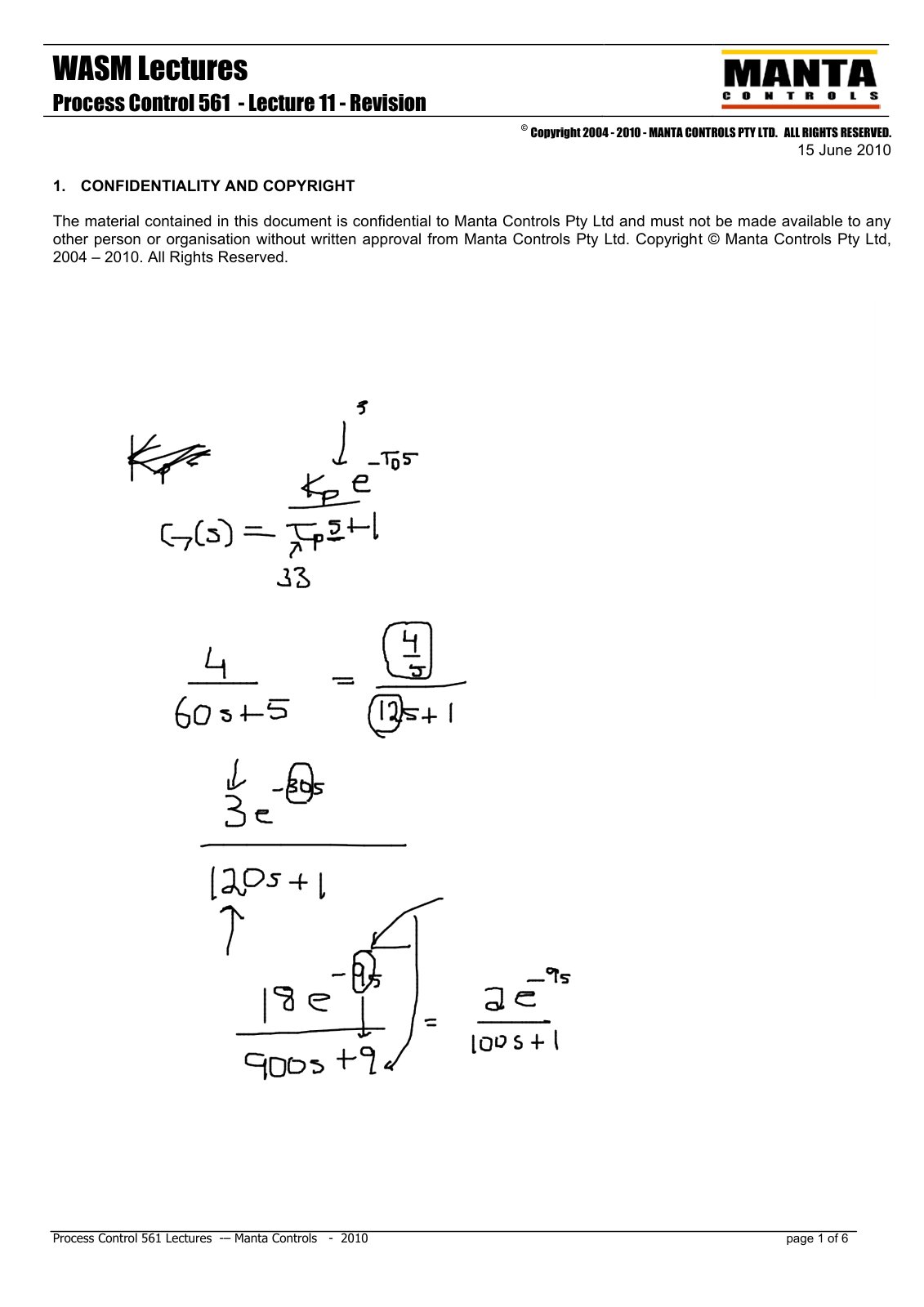 First page of Manta Controls   561   Lecture 11   Revision