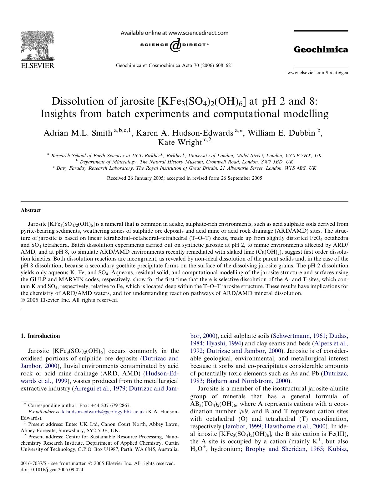 First page of Dissolution of jarosite [KFe 3(SO4)2(OH)6] at pH 2 and 8: Insights from batch experiments and computational modelling